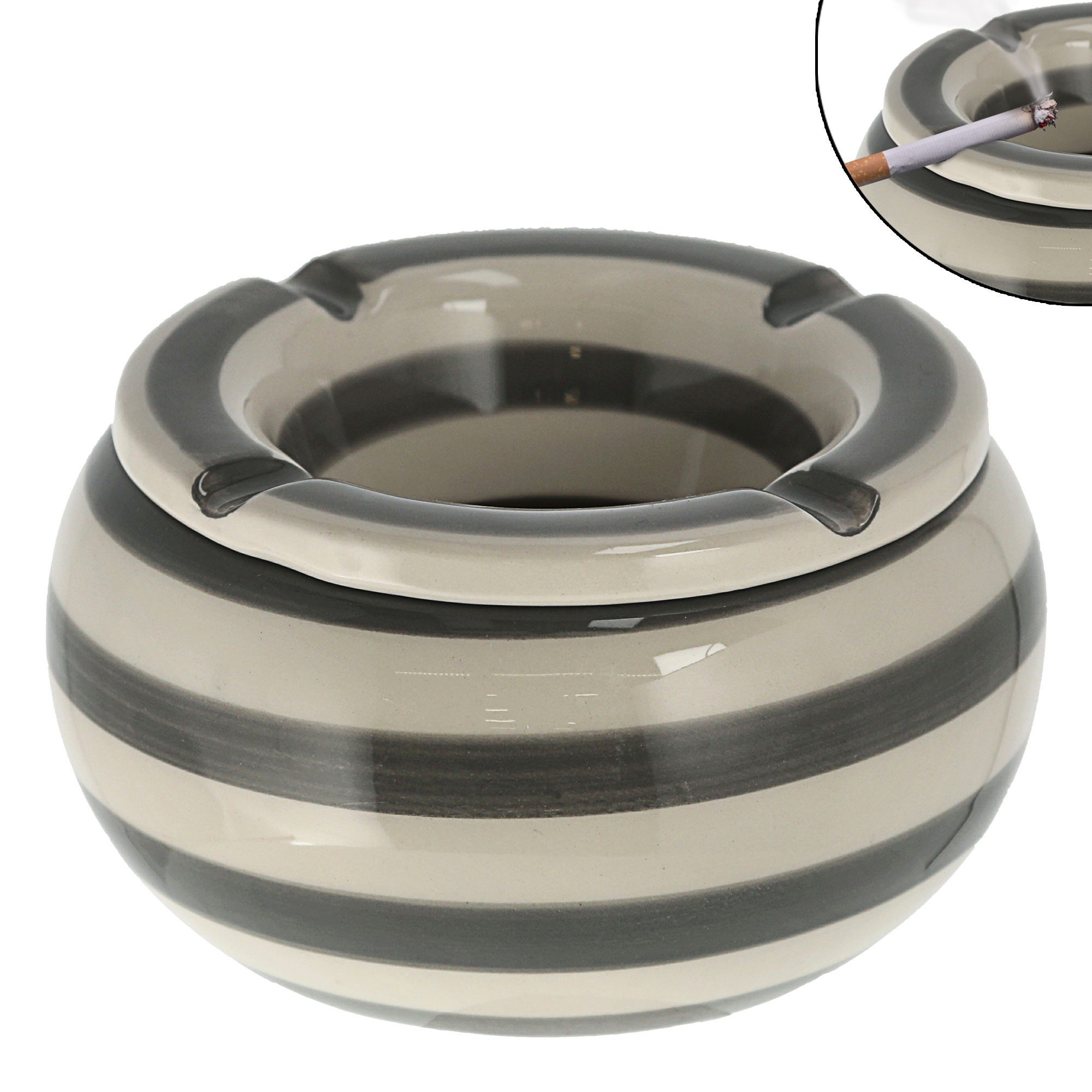 CEPEWA Aschenbecher Sturmaschenbecher grau weiß gestreift Ø 13,5 cm Windaschenbecher