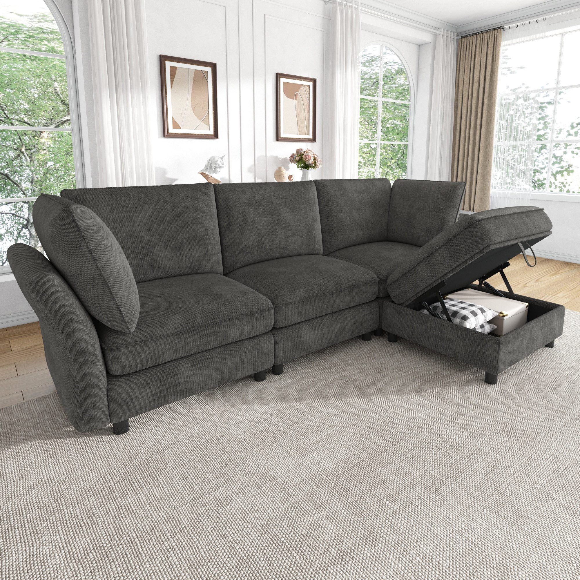 HAUSS SPOLE Ecksofa 4-Sitzer Kombisofa mit einem Hocker,Loungesofa Schlafsofa in Grau, Modulares L‑förmiges Wohnzimmersofa mit Hocker und Armlehnenkissen, 4-Sitzer mit Chenille-Bezug für 4–5 Personen