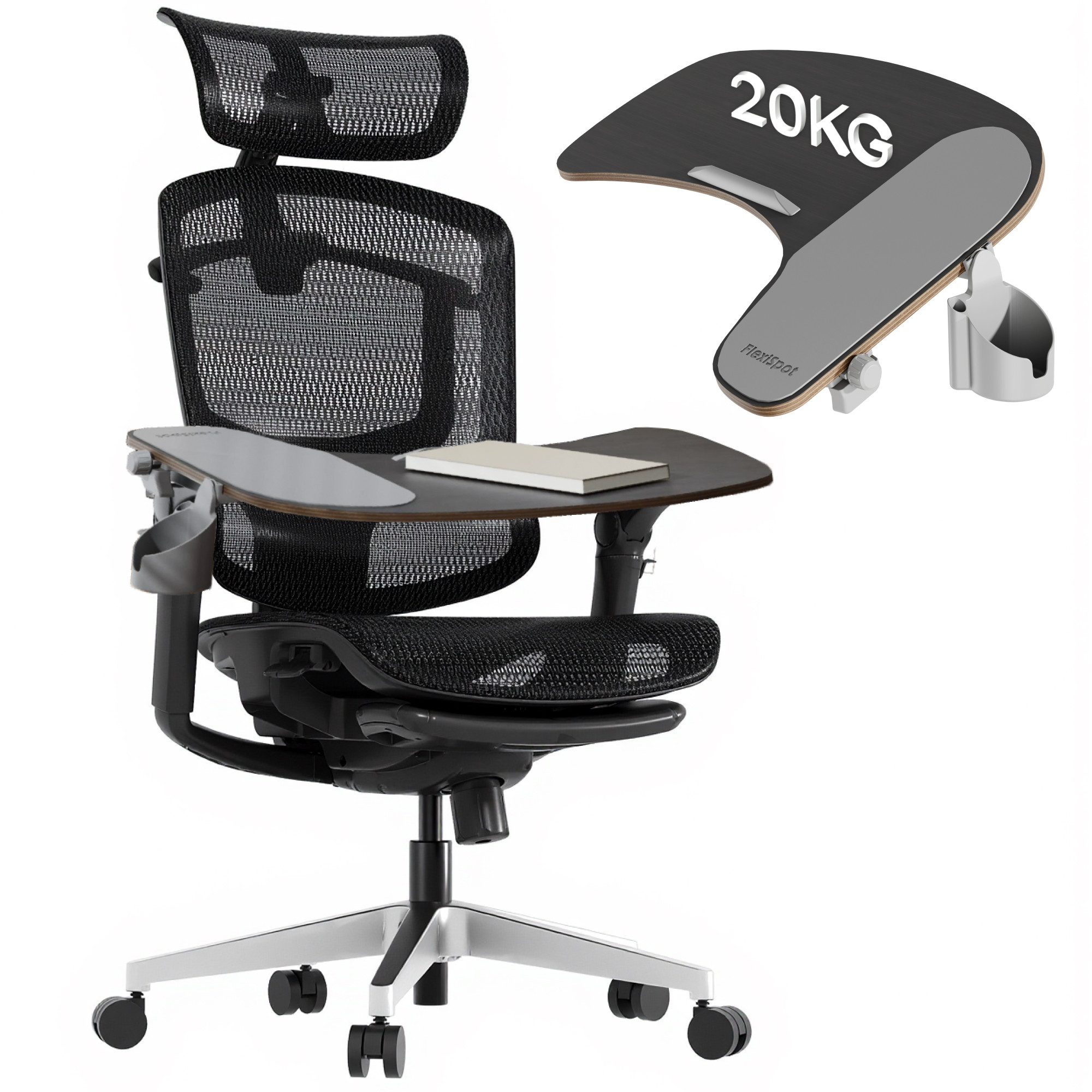 FLEXISPOT Drehstuhl ErgoX Pro Ergonomischer Bürostuhl mit 12-stufiger Höhenverstellung (mit 7D-Armlehnen, 5D-Lendenstütze, 4D-Kopfstütze, inkl. Laptoptisch), Netzsitz Schreibtischstuhl mit Fußstütze, 250 kg Belastbarkeit