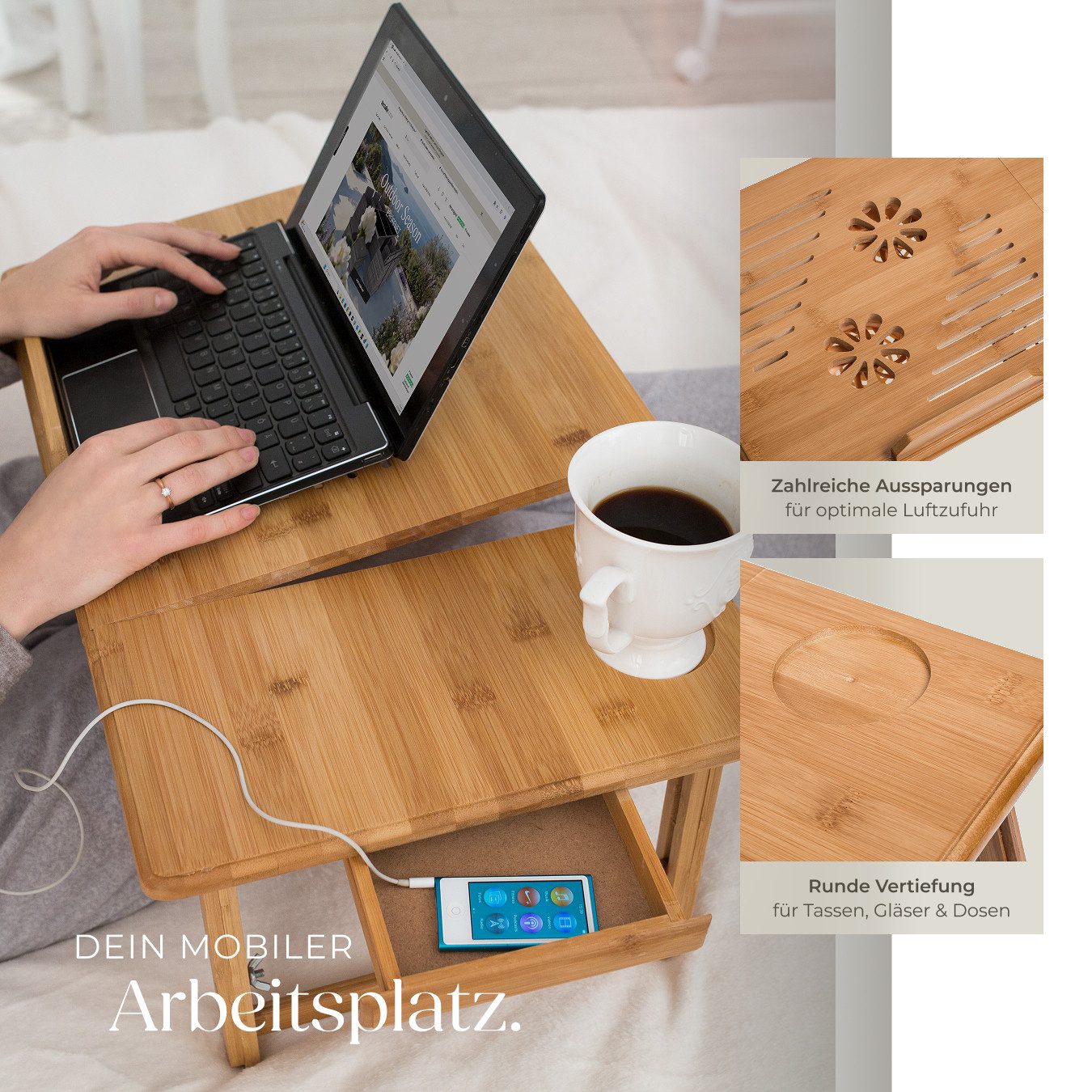 tectake Schreibtisch Laptoptisch inklusive Schublade und Abstellfläche, 55 x 35 x 26 cm (Betttisch Kerstin, 1-St., aus Bambus in braun), klappbar und höhenverstellbar, 4 Neigungswinkel, mit USB-Doppellüfter