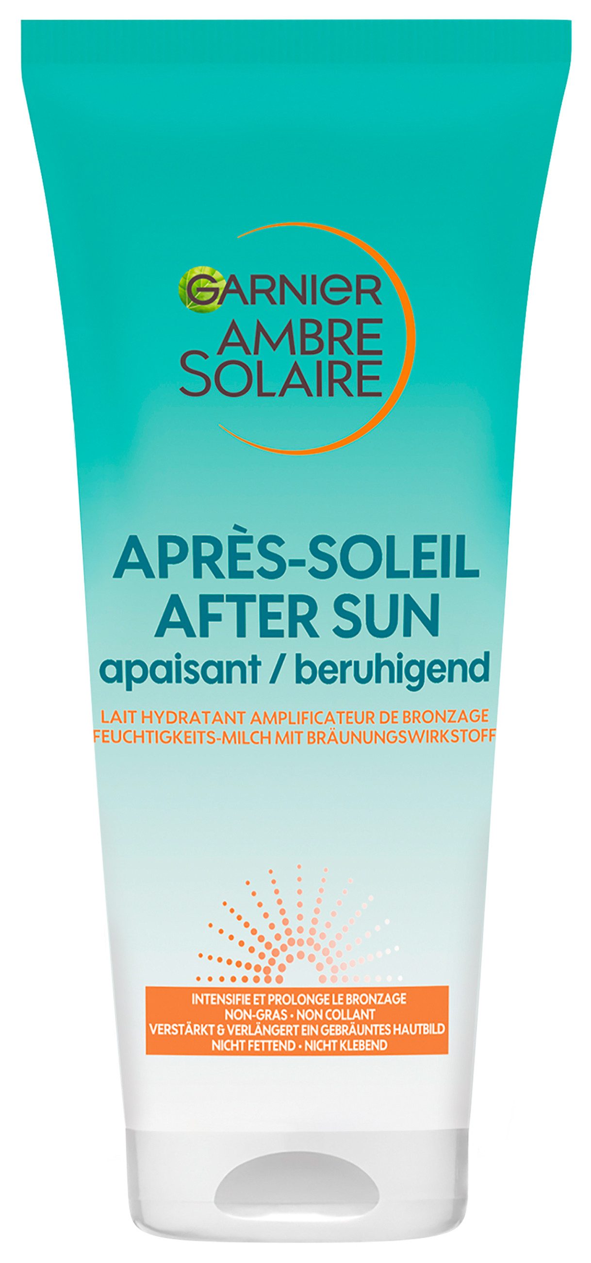 GARNIER After Sun-Milch AMBRE SOLAIRE BERUHIGENDE SANFT BRÄUNENDE FEUCHTIGKEITS-MILCH, für Gesicht und Körper, flüssige Textur, feuchtigkeitsspendende Formel