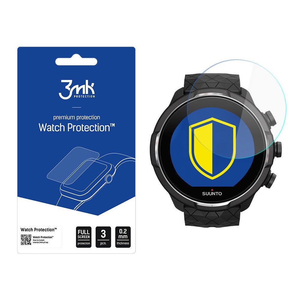 3MK Displayschutzglas Hybridglas Uhrenschutz Smartwatchschutz für Suunto 9 Baro Titanium, Spar-Set, 3 Stück, Hybridglas, 250 % Bruchschutz, 0,2 mm, Full Screen