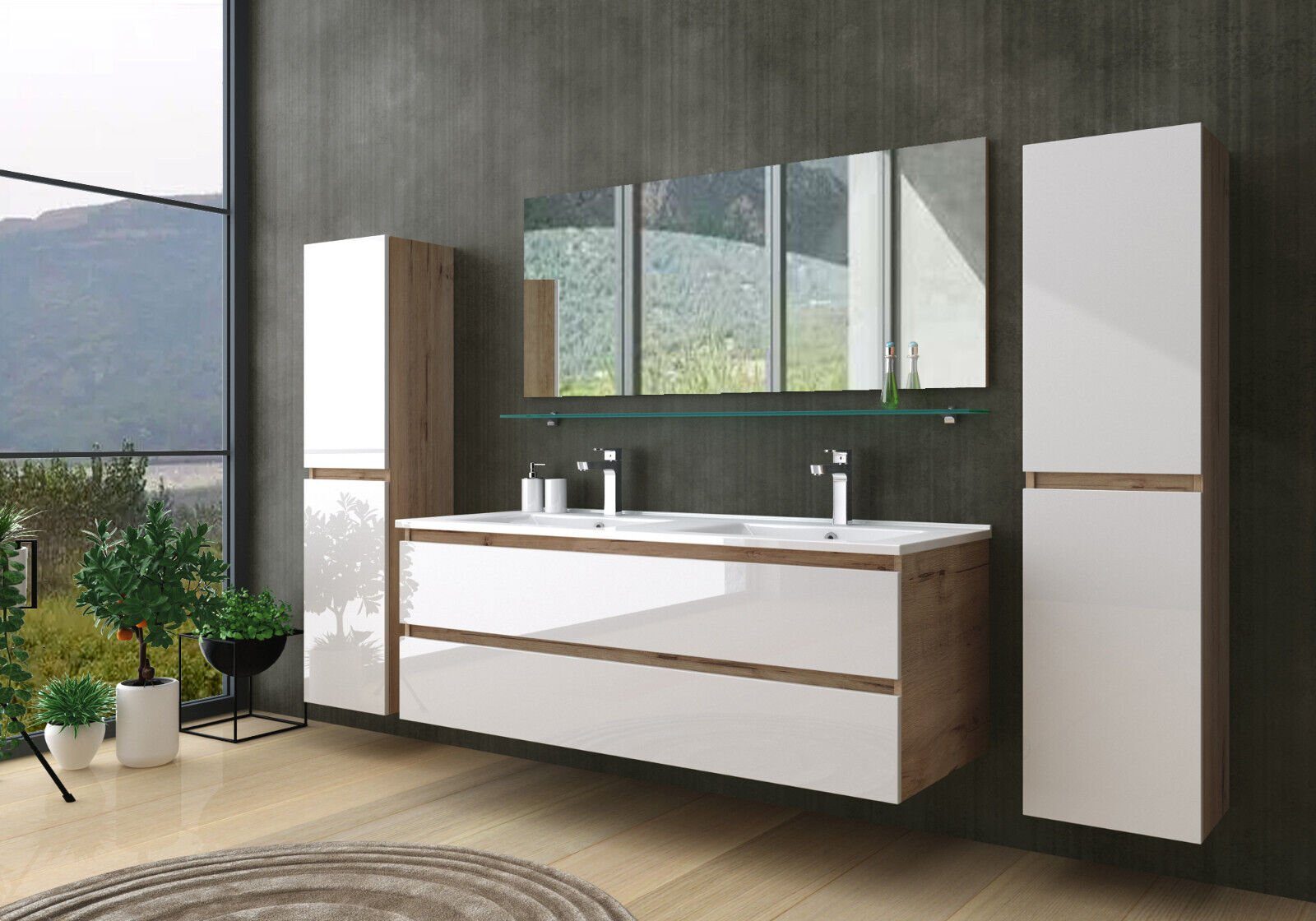 Homeline Badmöbel-Set Leonard Doppelwaschtisch doppelwaschbecken Eiche / Weiß badmöbel Set, (Badmöbel Set, Hochglanz mit Softclose System, 6-St., Badmöbel Set), Soft Clothing System