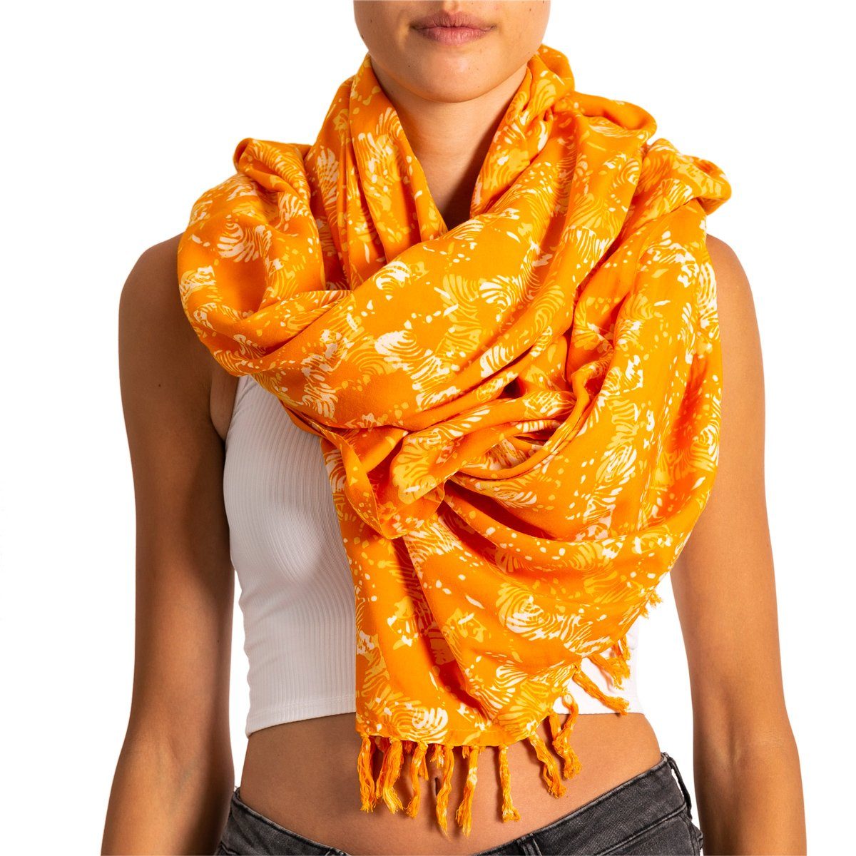 PANASIAM Halstuch Schal Wachsbatik für jede Jahreszeit egal ob als Schultertuch, Strandtuch Sarong oder Wickelkleid aus wunderbar weicher Viskose B404 orange