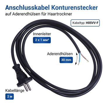 VIOKS Anschlusskabel 2 m Konturenstecker auf Aderendhülsen Netzkabel, für Haartrockner