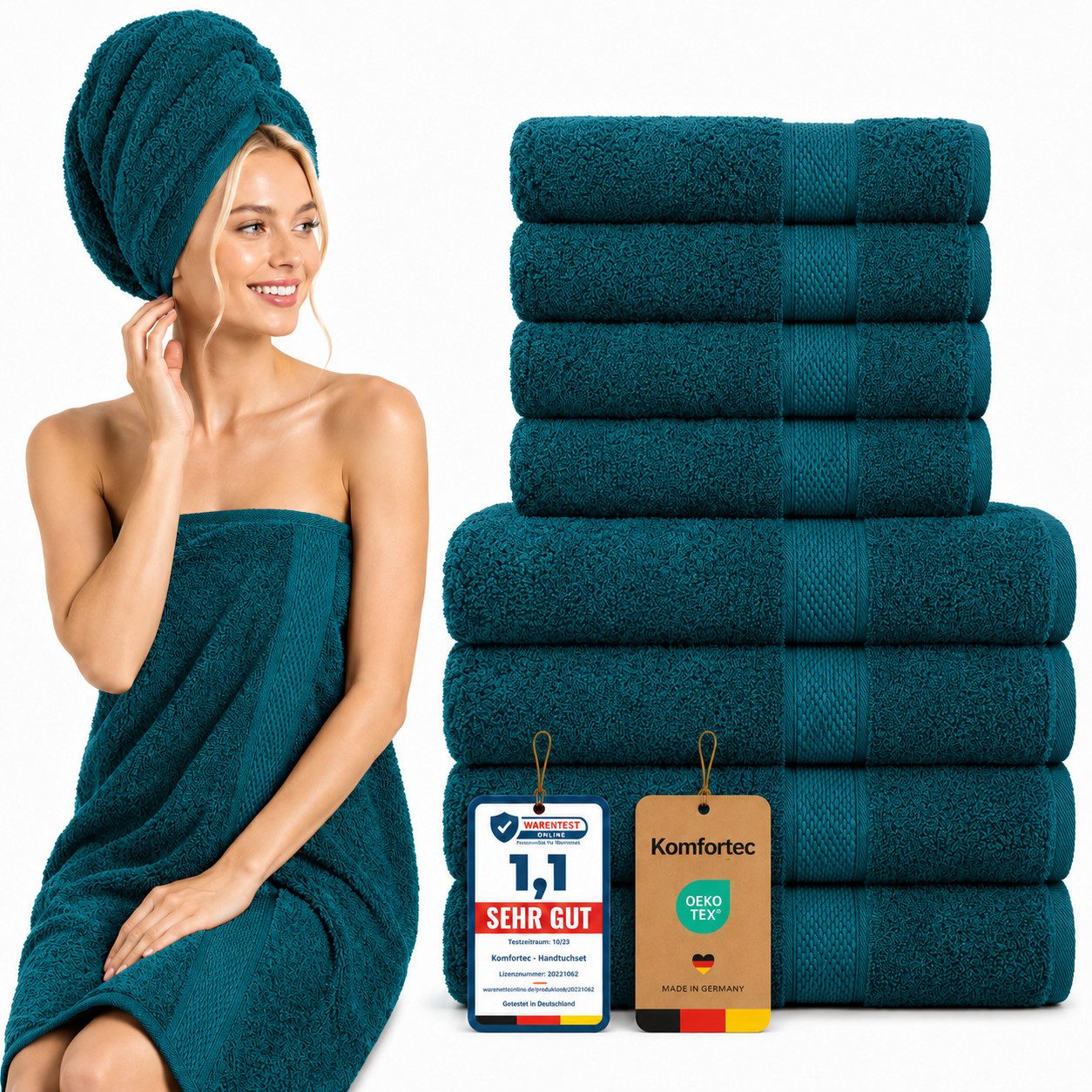 Komfortec Handtuch Set 8x Handtuch & Badetuch Set - 4er 50x100 + 4er 70x140 cm, Frottee (Set, 8-St), 100% Baumwolle, 470 g/m2, mit Bordüre, Weich & Saugstark