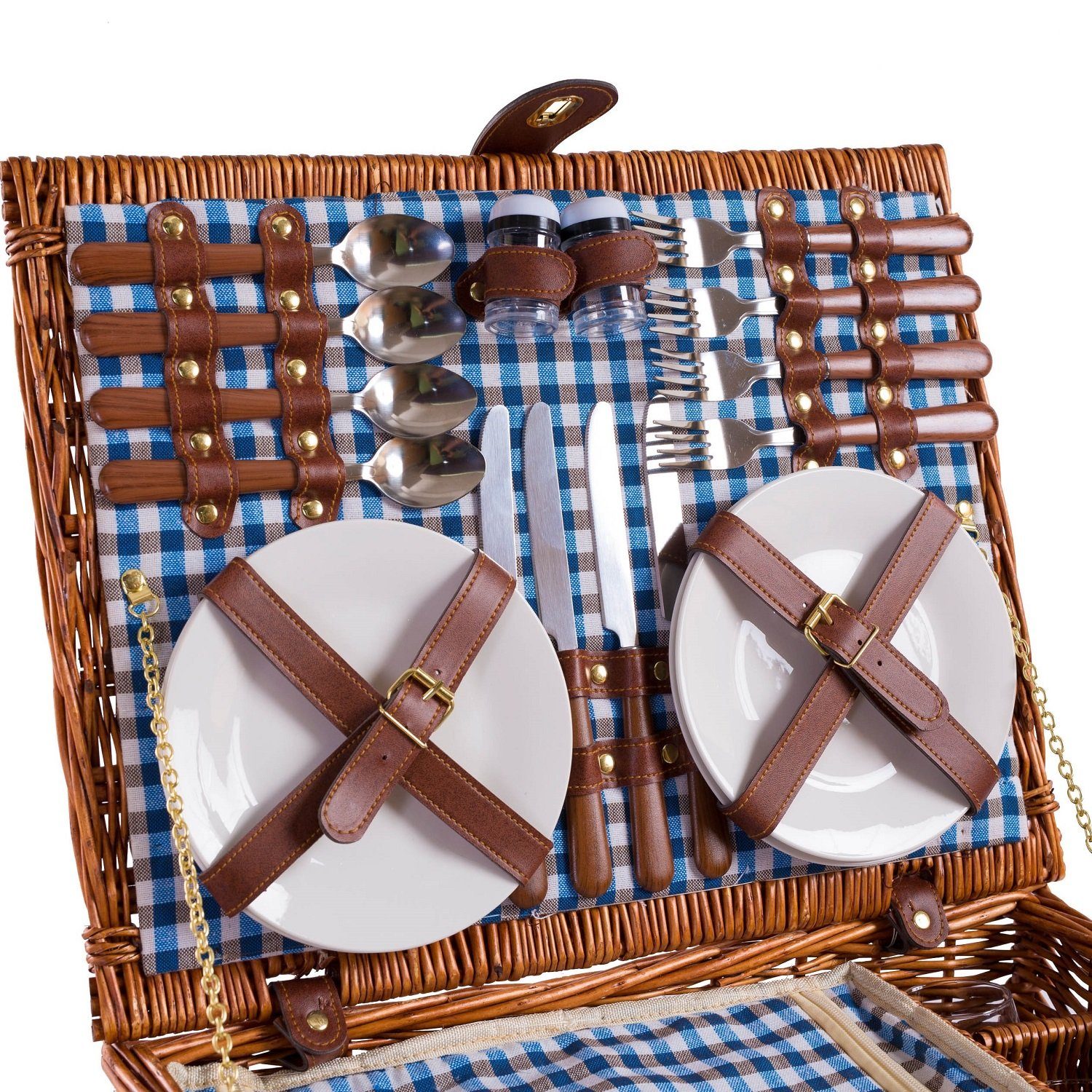 46 Picknickkorb Gabeln, 20 4 mit für x eGenuss (Personen Picknickkorb aus eGenuss Weingläser,etc), 4 cm Messer, Weide, 4 x Löffel, 4 Keramikteller, 36 4 4 Handgefertigter Blau