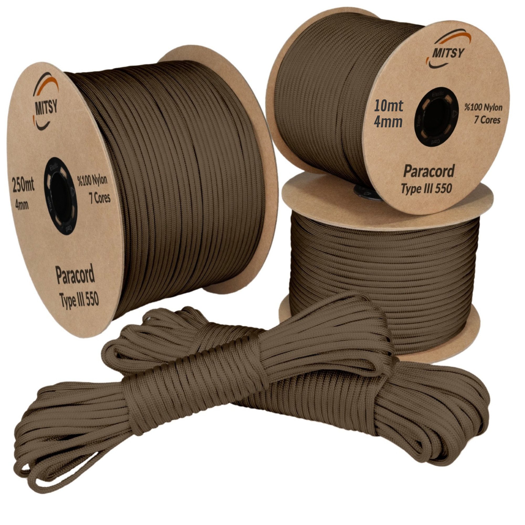 MITSY Seil 4mm Paracord 550 Typ III – Starkes Nylonseil für Outdoor & Survival (7-Kern Aufbau, Reißfest & Langlebig), Extra stark, 250 kg Belastbar, UV-beständig, für Camping & Hundeleinen