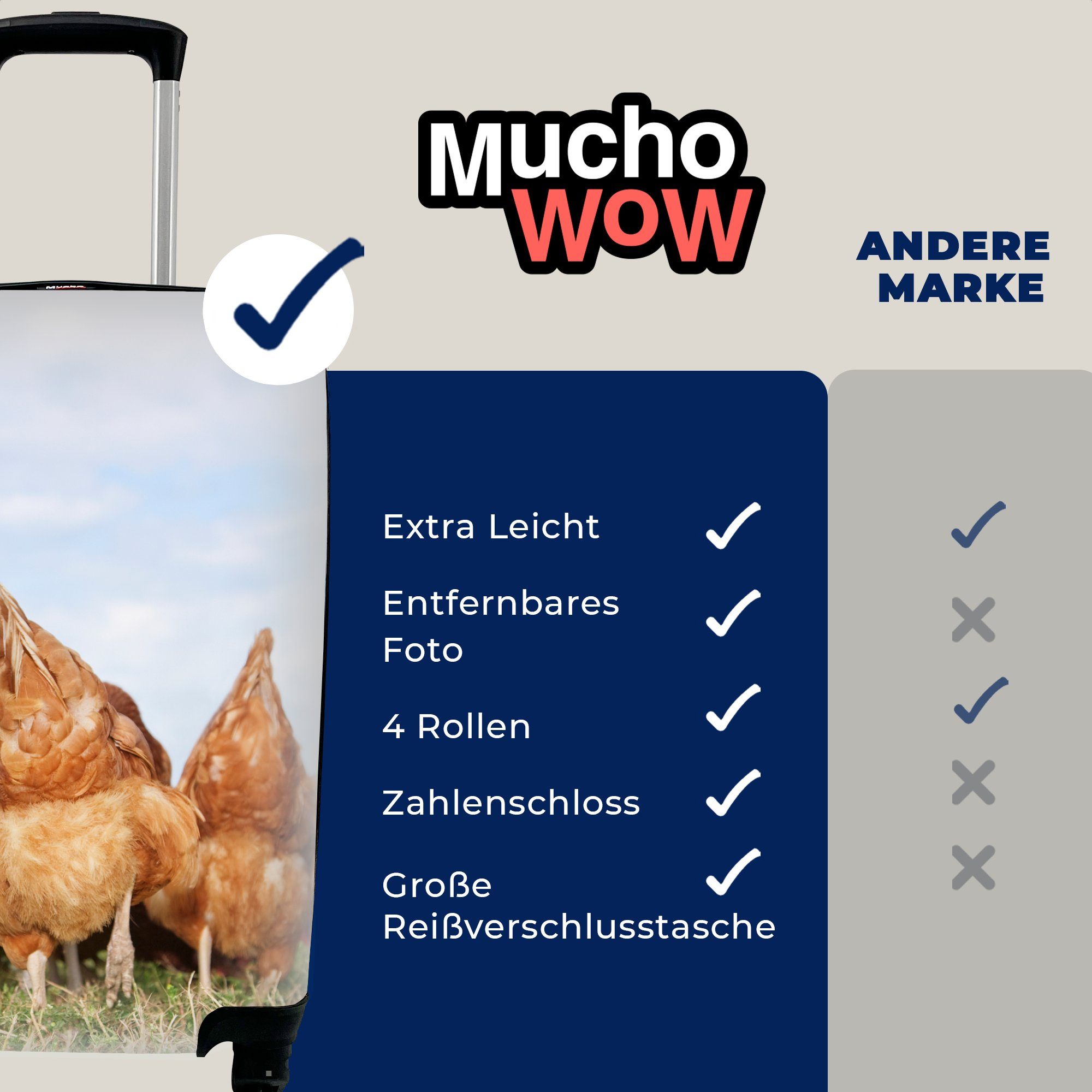 MuchoWow Handgepäckkoffer Hühner Trolley, Ferien, rollen, dem Reisetasche Rollen, 4 Handgepäck Feld, Reisekoffer mit auf für