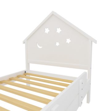NMonet Einzelbett Kinderbett 90x200cm (Geeignet für Jungen und Mädchen), Massivholzbett, mit Stern-Mond-Muster am Kopfteil, mit Zaun
