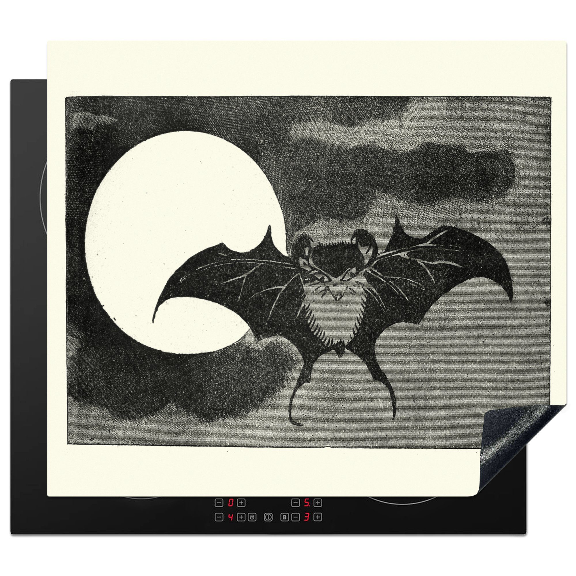 MuchoWow Herdblende-/Abdeckplatte Illustration einer Fledermaus vor einem Mond in schwarz-weiß, Vinyl, (1 tlg), 60x52 cm, Mobile Arbeitsfläche nutzbar, Ceranfeldabdeckung