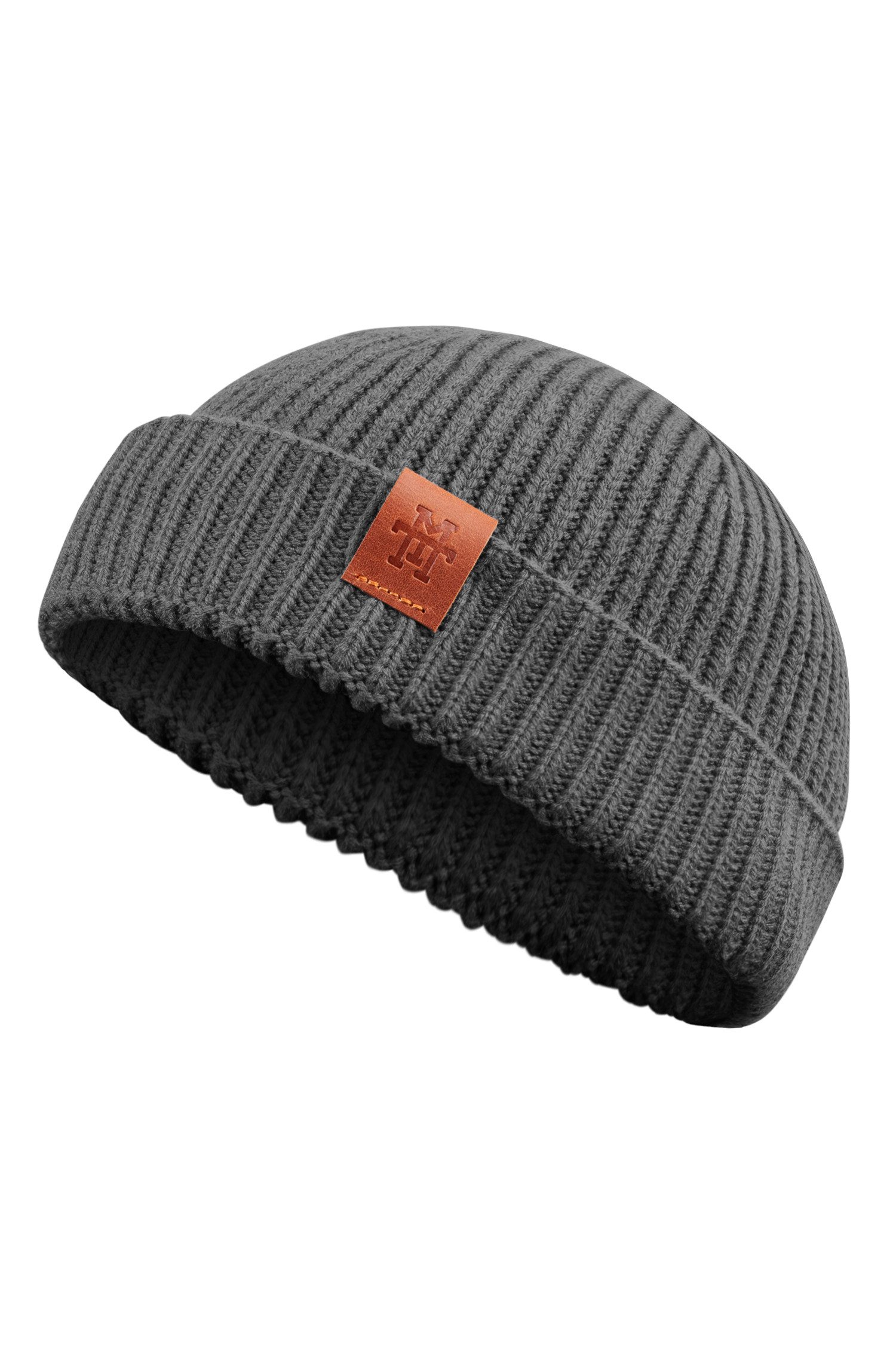 Manufaktur13 Beanie Fishermans Beanie - Strickmütze, Wintermütze, Dockermütze mit Echt-Leder Veredelung