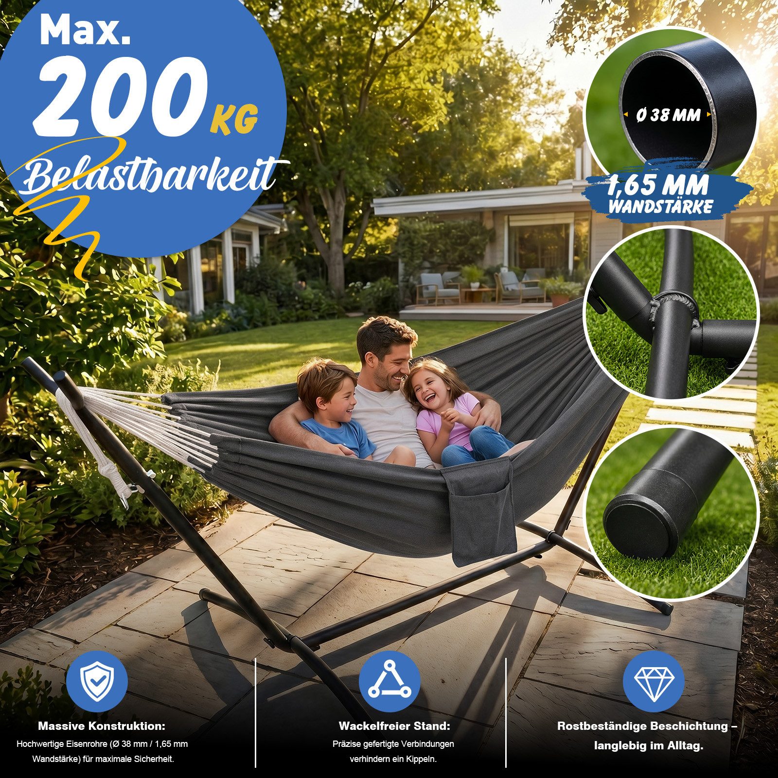 Sekey Hängematte mit Gestell, höhenverstellbare Doppelhängematte bis 200 kg belastbar, mit Tragetasche für Garten, Balkon und Terrasse, Indoor & Outdoor
