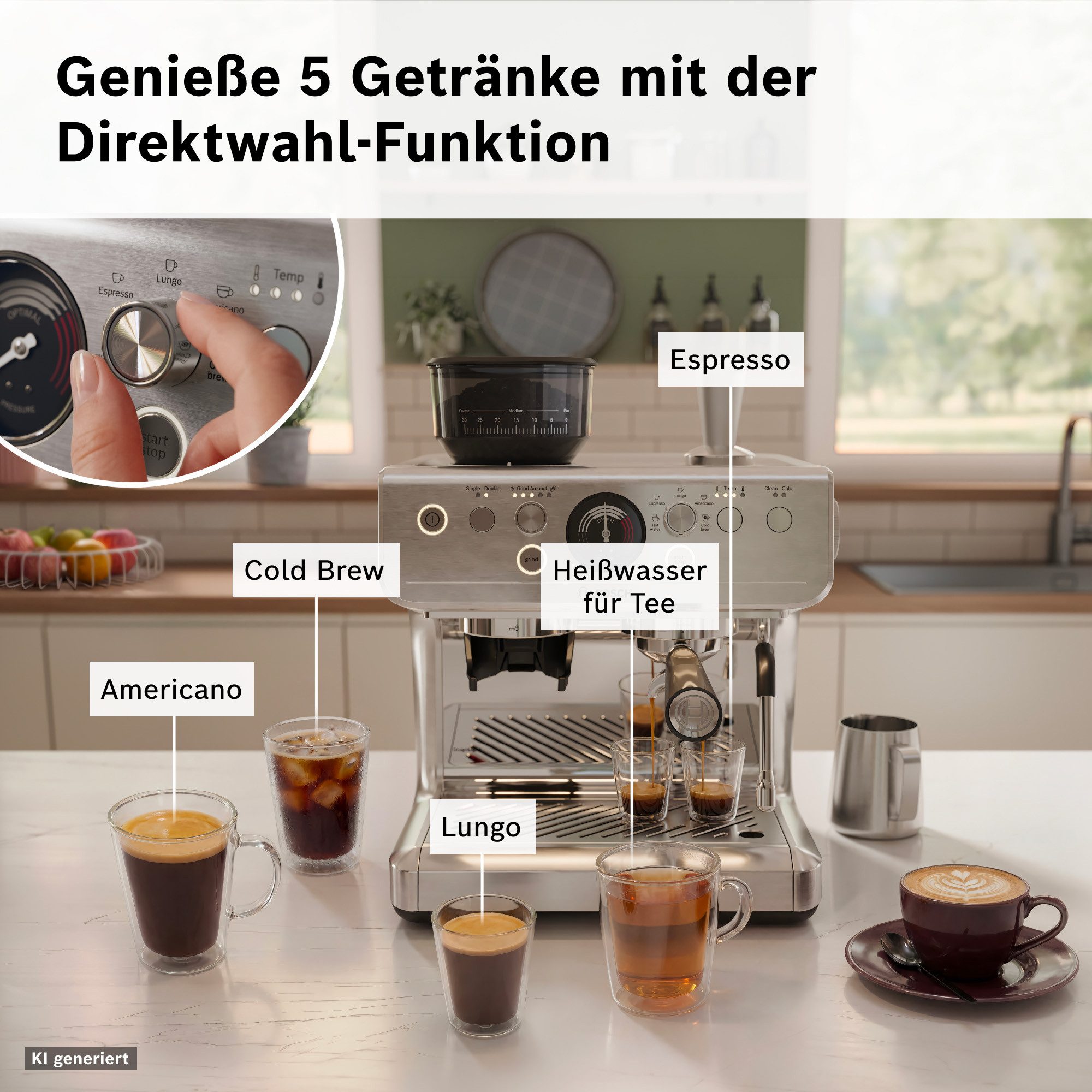 BOSCH Espressomaschine halbautomatische Siebträgermaschine PFE401C3 HomeCafé Serie 4, Integriertes Mahlwerk, 58mm-Siebträger, 30 Mahlgrade, 5 Direktwahl – Bild 2 von 5