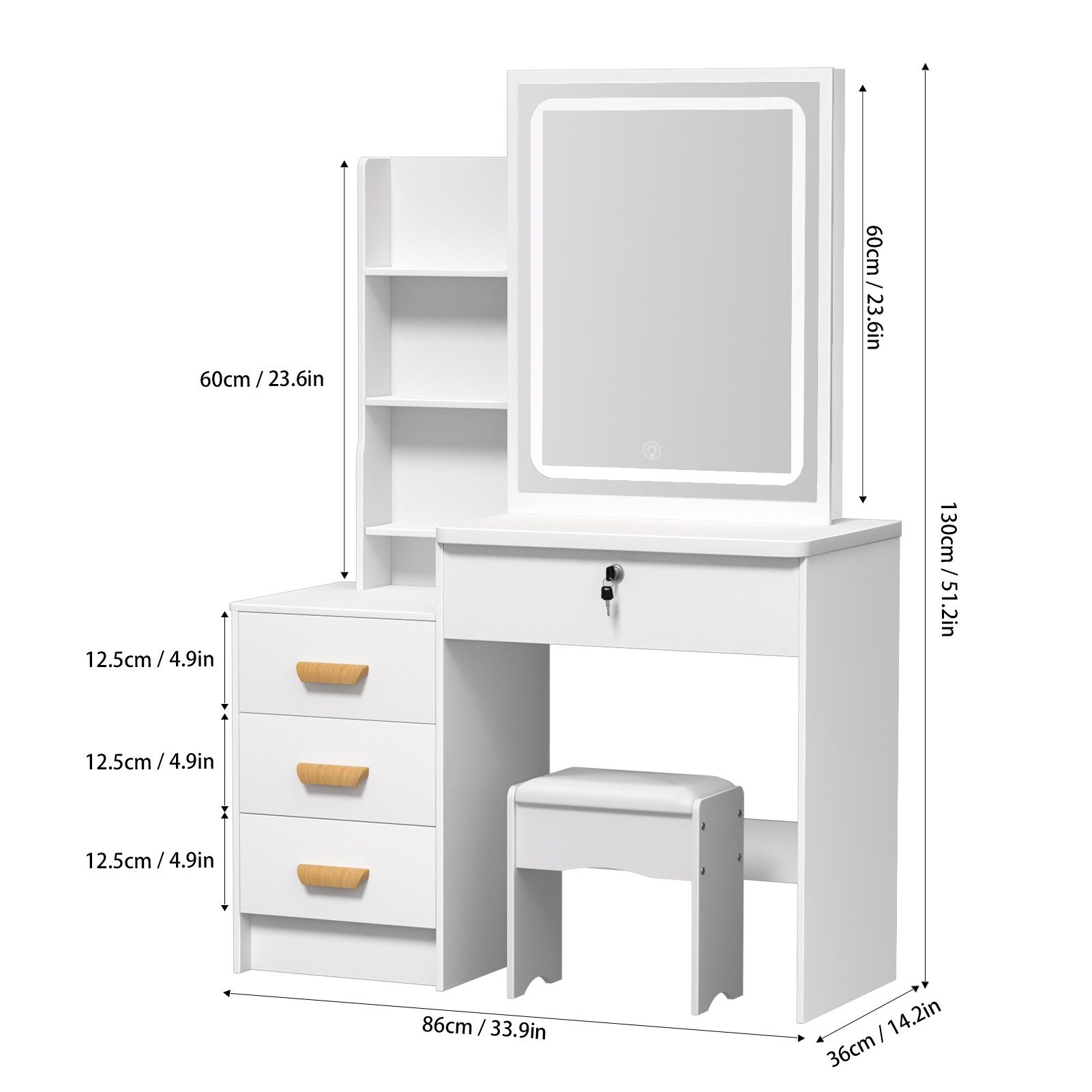 Rutaqian Schminktisch Schminktisch mit Hocker, LED-beleuchteter Spiegel, 86x36x130 cm (1 Tisch 1 Schminkstuhl, 1-St., Kleiner Frisiertisch mit 4 Schubladen und Offenen Regalen), Kosmetiktisch mit Spiegel, Beleuchtung, 4 Schubladen, Offenen Fächern