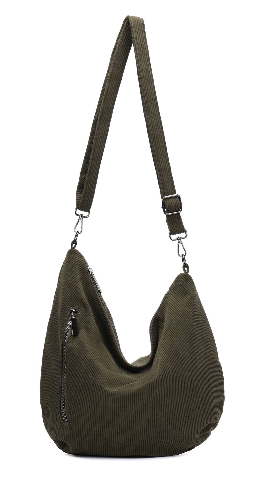 ITALYSHOP24 Schultertasche Damen Halbmond Tasche aus Cord CrossOver Body Bag Umhängetasche, Runde Cordtasche Asymmetrisches MOON Brust Slingtasche Wildlederoptik