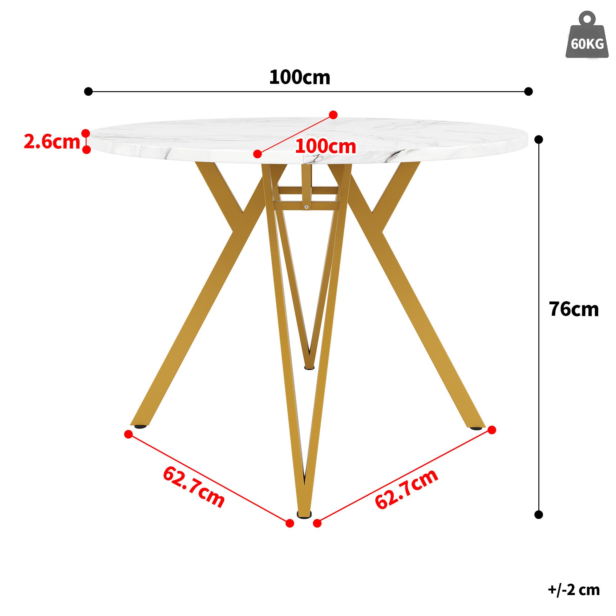 KLAM HOME Esstisch Runder Esstisch (100×100×76cm), Küchen-Esstisch, runder Couchtisch (stilvolle Tischbeine aus Metall, Tischplatte aus MDF-Marmor, Gold), geeig – Bild 4 von 5