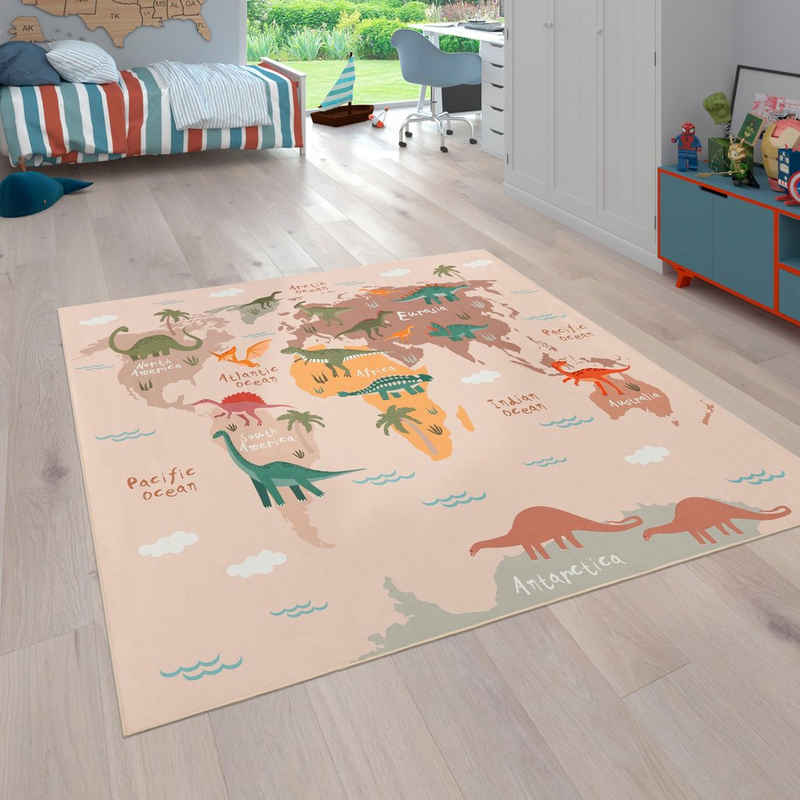 Kinderteppich Bino 583, Paco Home, rechteckig, Höhe: 4 mm, Spielteppich, Motiv Weltkarte & Dinosaurier, Kinderzimmer