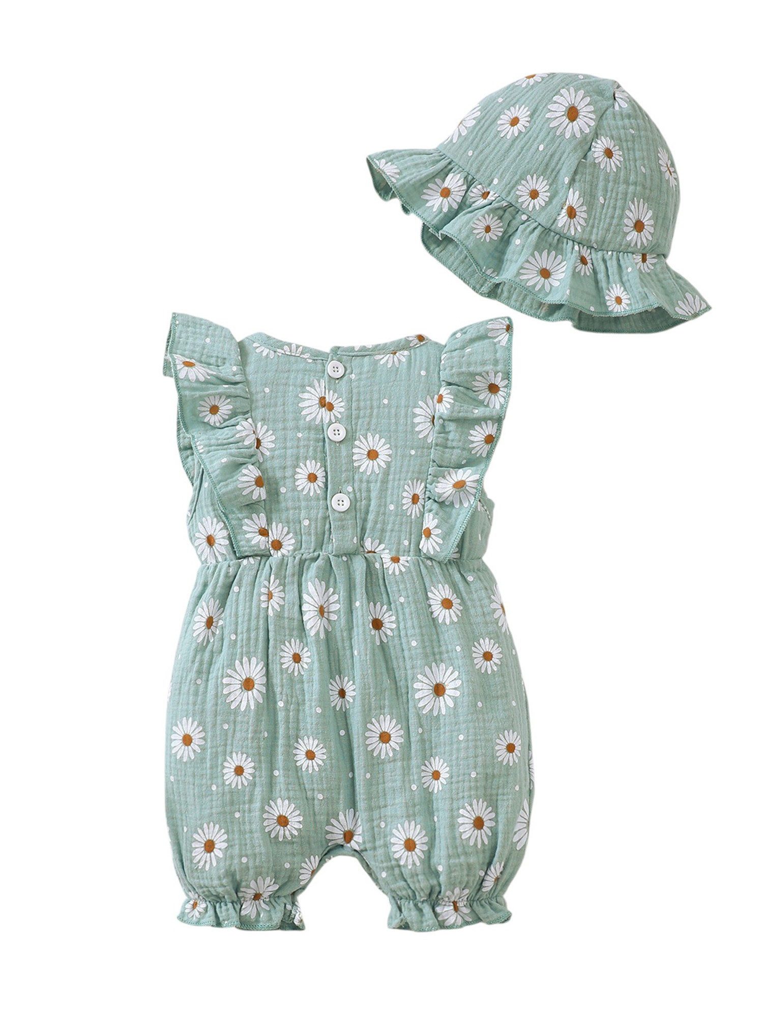 Gluckids Strampler Süßer kurzarm Body & Mütze mit Blumendruck für Babymädchen (Set, 2-tlg) Sommer Babykleidung aus Baumwolle, mit Rüschen
