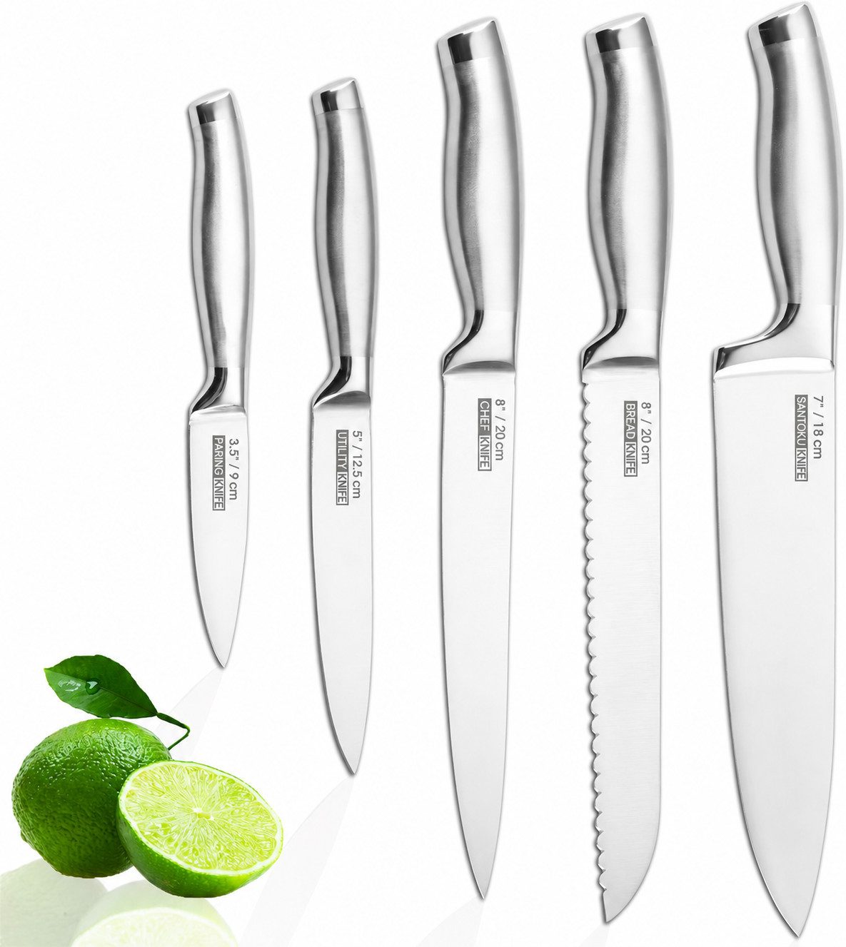 ibettertec Kochmesser 5-teiliges Messerset, Edelstahl, Pakkawood-Griffe, für Fleisch, Gemüse & Brot, antihaftbeschichtet
