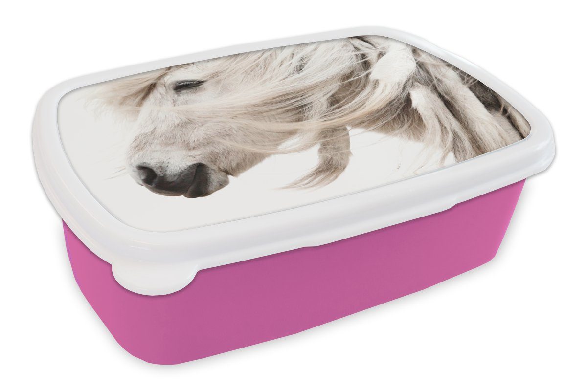 MuchoWow Lunchbox Pferd - Mähne - Weiß, Kunststoff, (2-tlg), Brotbox für Erwachsene, Brotdose Kinder, Snackbox, Mädchen, Kunststoff rosa