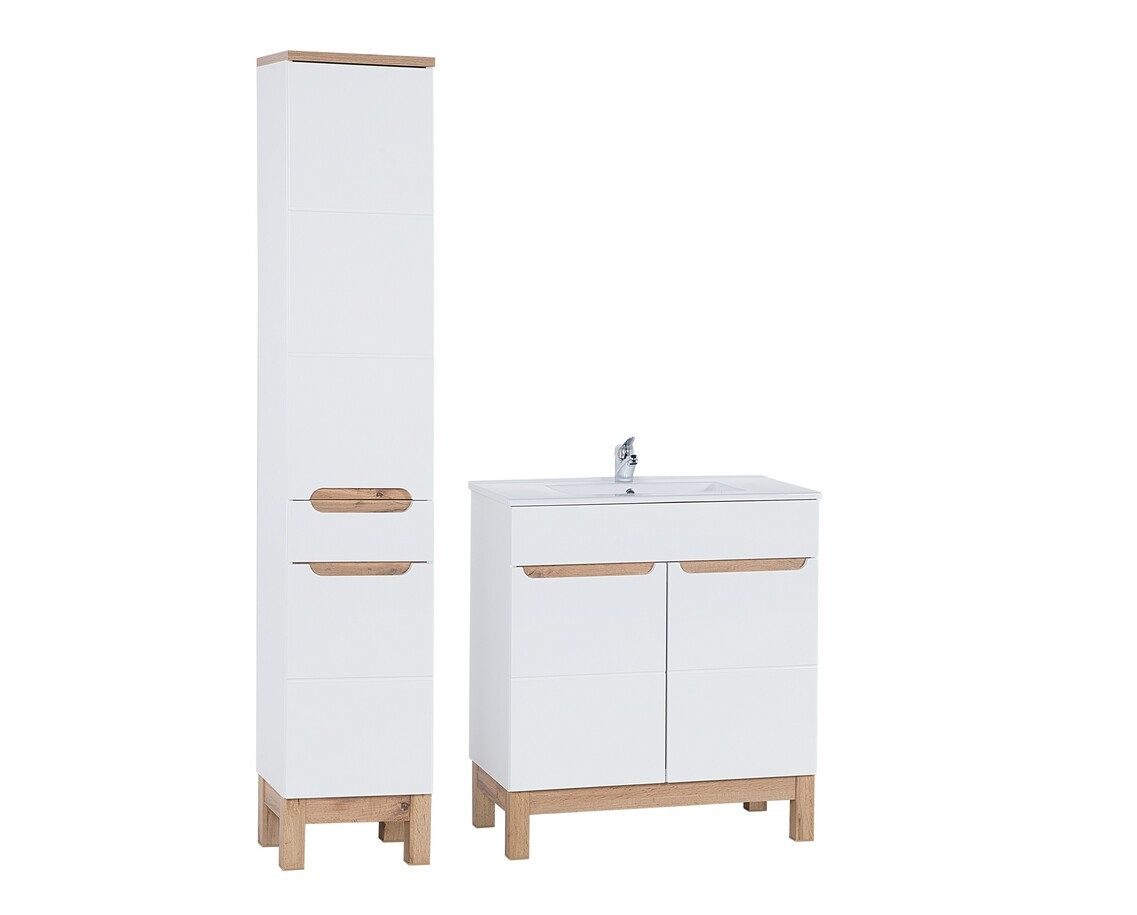 ROYAL24_MARKT Badmöbel-Set - Bali White B BM196 - mit Waschbecken & Hochschrank, (Komplett Set, 4-St., Premium - Bali White B), Edel – Schlicht – Hochwertig