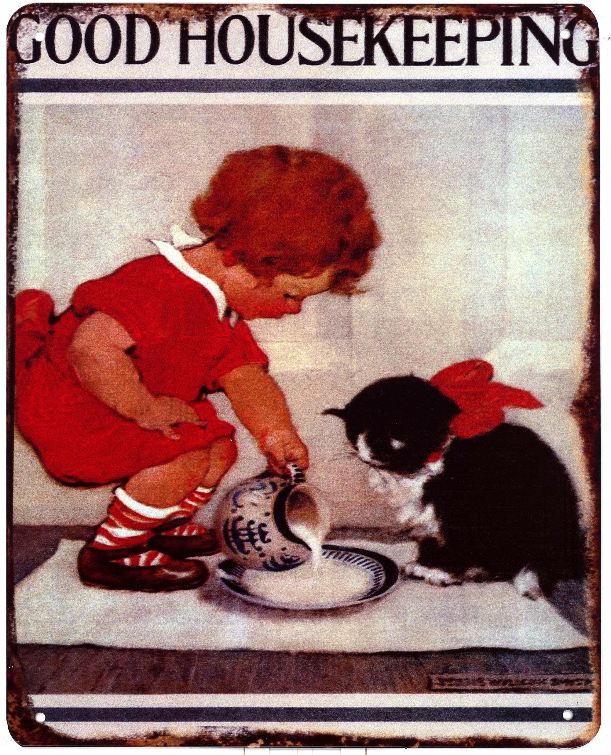 Moritz Metallschild Blechschild Good Housekeeping Kind und Katze, (Einzeln), 20 x 25cm Vintage Retro Deko Schild Metallschild Wandbild Schild