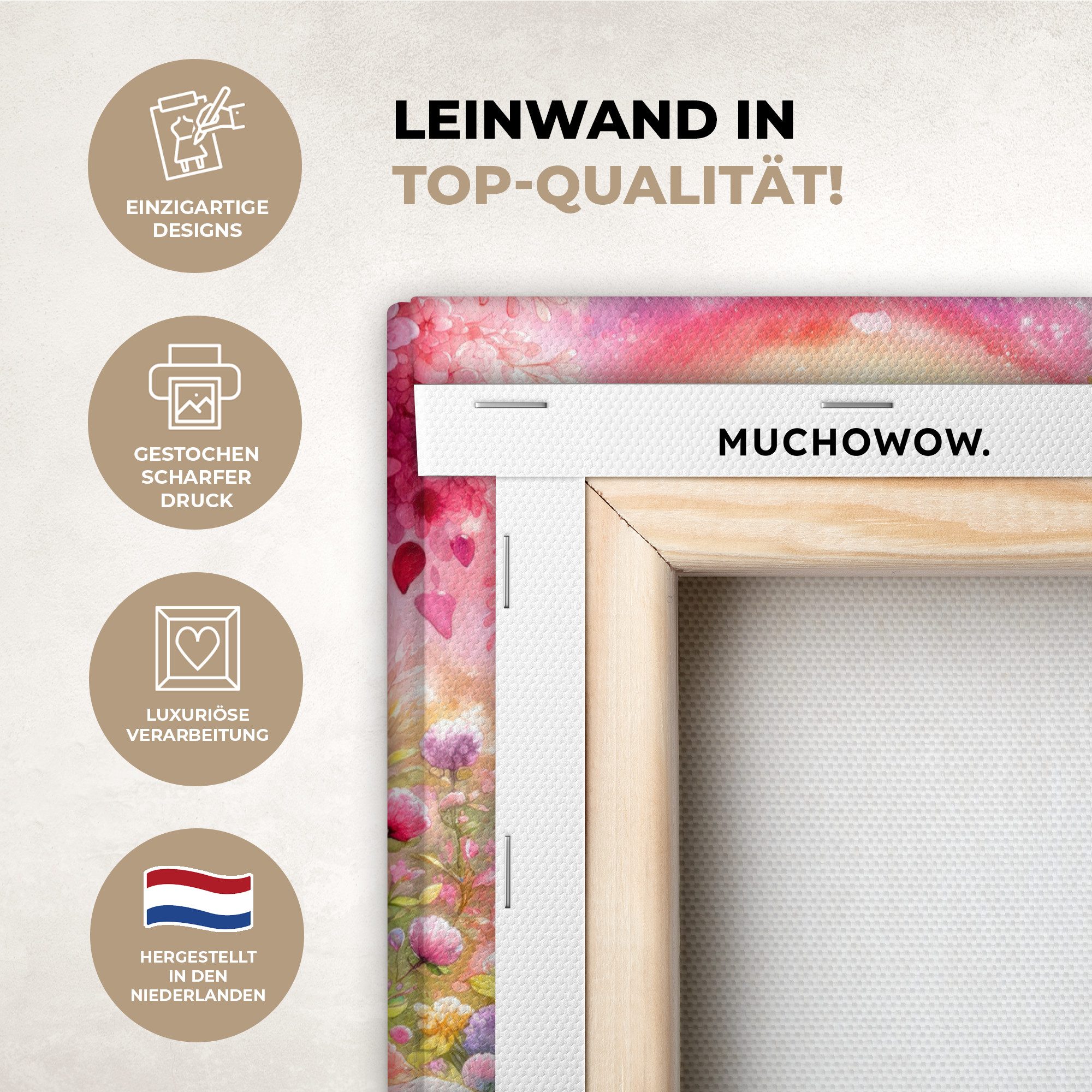 OneMillionCanvasses® Leinwandbild Kätzchen - Rosa - Katze - Regenbogen - Blumen, Fotodruck (1 St), Kinderzimmer Deko, Mädchen und Jungen Bilder 20x30 cm