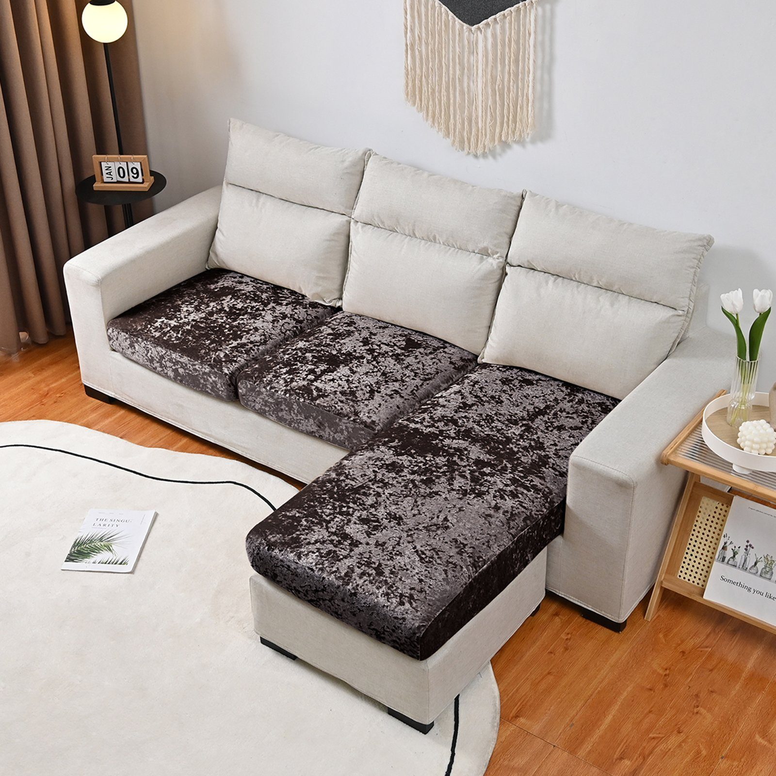 Sofahusse Samt-Sitzkissenbezug für 1-, 2-, 3-, 4-Sitzer, 8 Farben, BTTO, Elastic Stretch Sofasitzbezug mit Elastischer Unterseite Braun