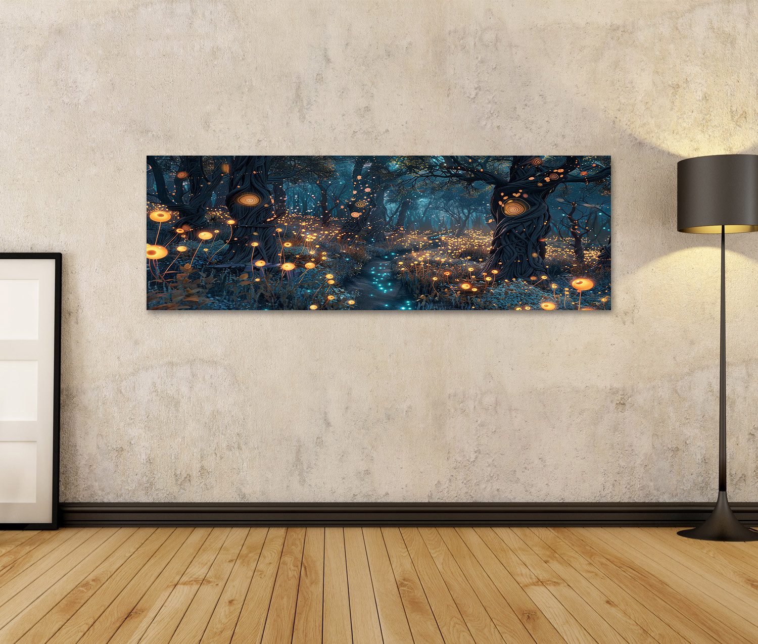 islandburner Leinwandbild, Verzauberter Wald bei Nacht mit leuchtenden Kugeln