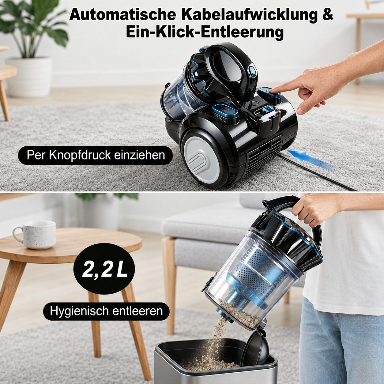 Fyrove Bodenstaubsauger staubsauger beutellos, Hygiene-Filter, hohe Saugkraft, 900 W, kompakt für Hartboden/Teppich, Turbodüse, Polsterdüse, 6m langes Kabel – Bild 5 von 5