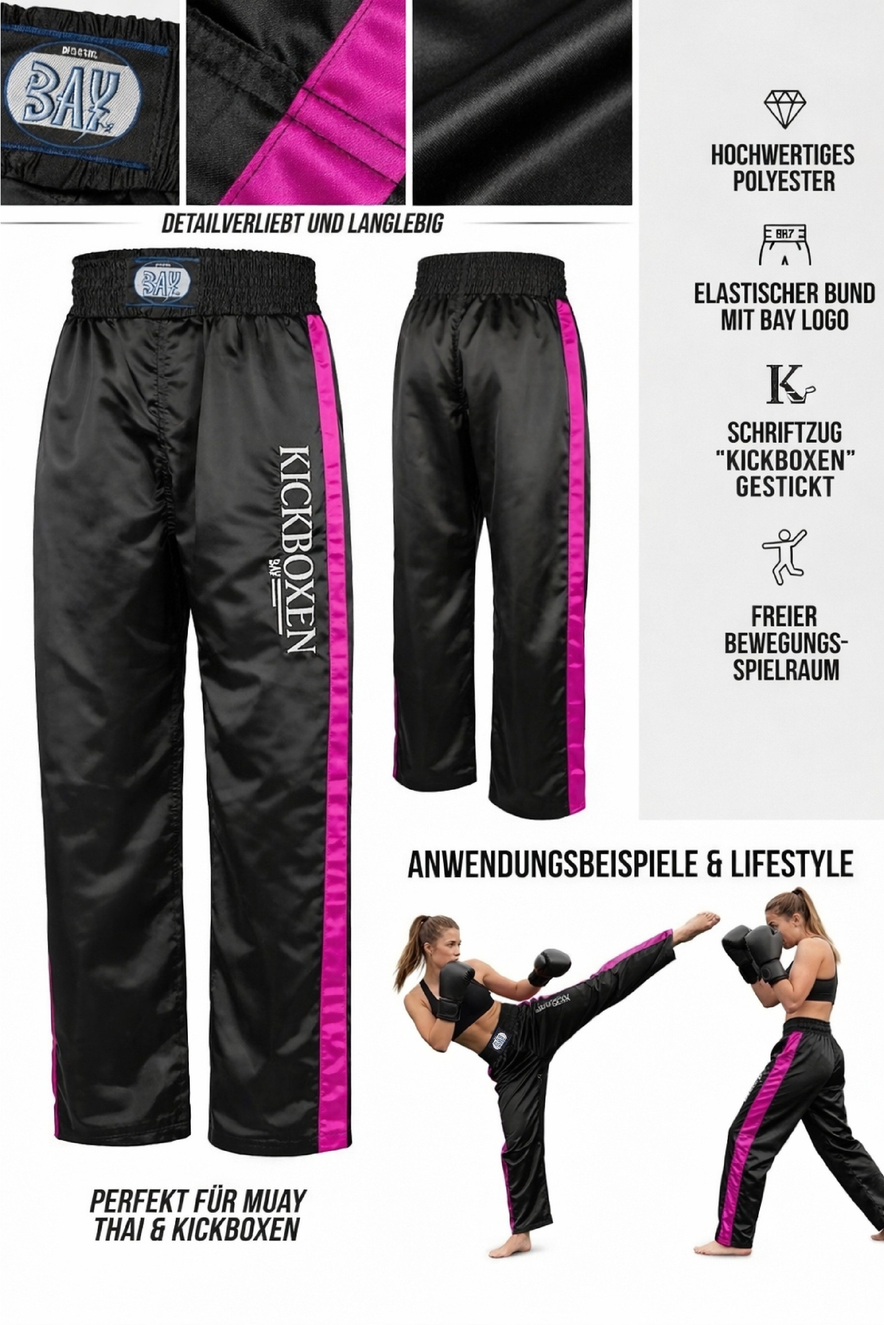 BAY-Sports Sporthose Kickboxhose EDEL STICK Hose lang Kickboxen Kampfsport Kampfsporthose für Kinder und Erwachsene, Schwarz/Pink