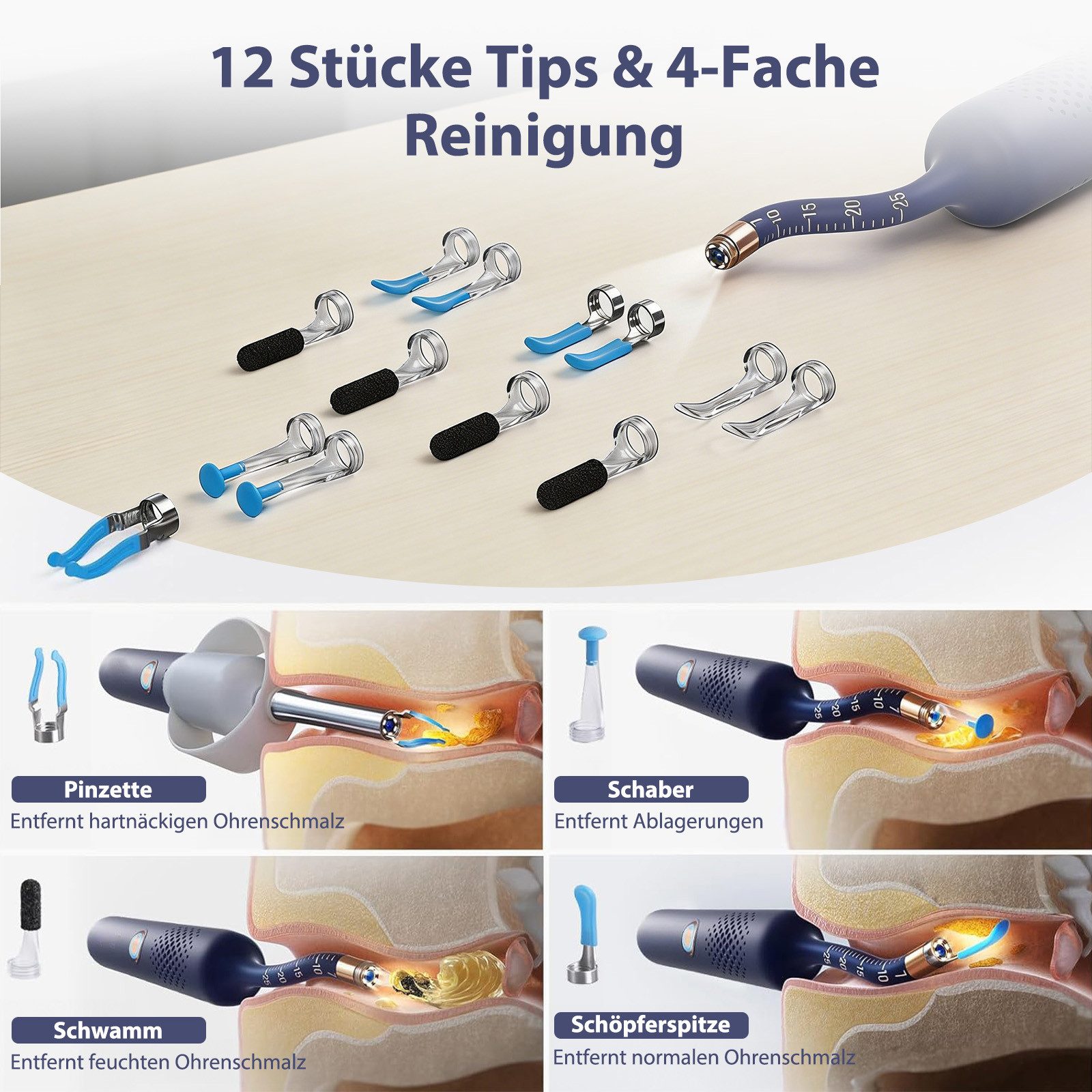 AKKEE Ohrenreiniger Entferner mit Kamera, 1920P HD-Otoskop, Ohrenreiniger mit WLAN, IP67 Wasserdicht, 6 LEDs
