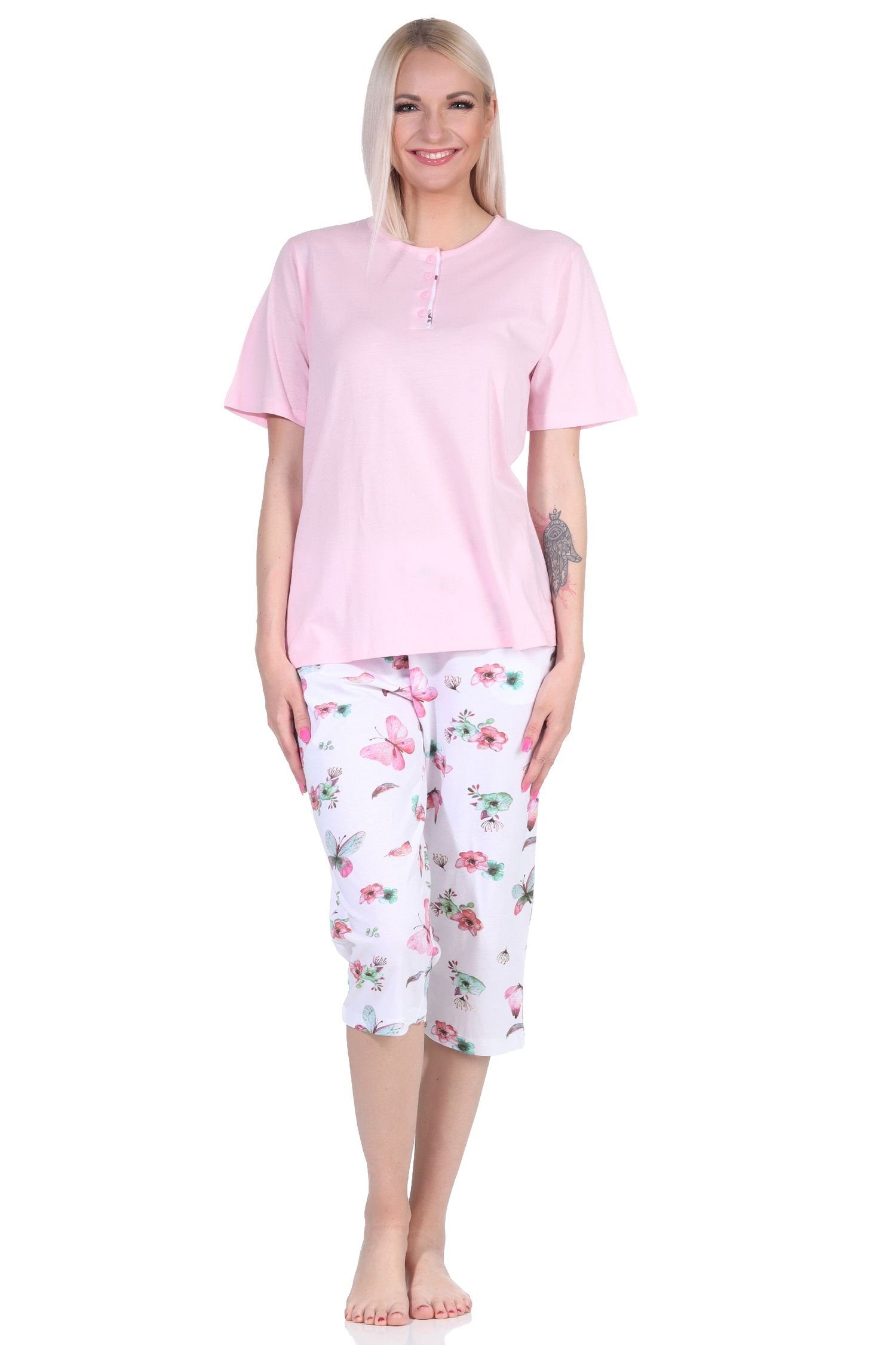 Pyjama Damen Normann mit kurzarm Pyjama Caprihose Capri rosa Schlafanzug