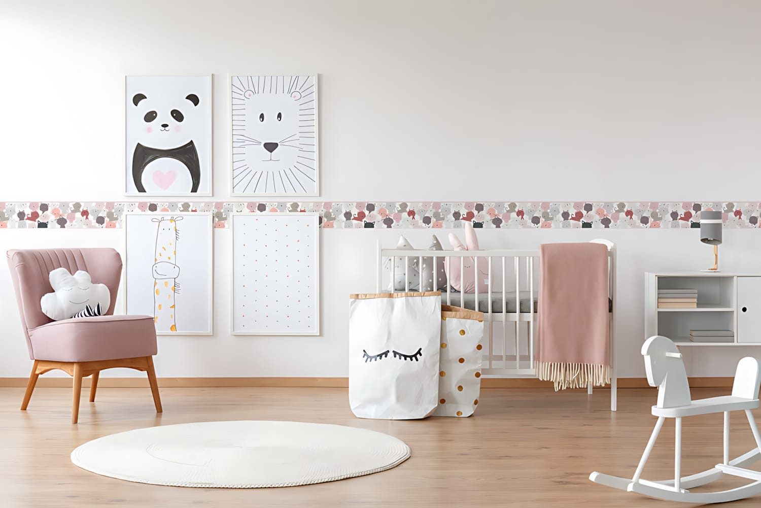 Profhome Bordüre 403741-GU Tiermotiv Tapete Kindertapete matt rosa grau weiß 0,75 m2, leicht strukturiert, matt, (1 Rolle, 0,75 qm), selbstklebende Bordüre in pink