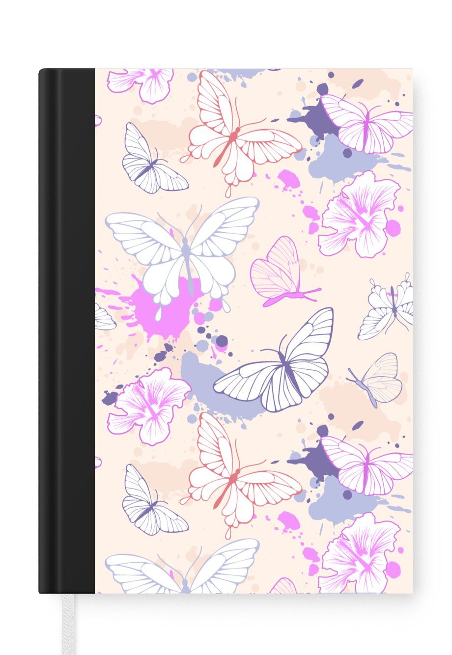 MuchoWow Notizbuch Schmetterling - Muster - Blumen, Journal, Merkzettel, Tagebuch, Notizheft, A5, 98 Seiten, Haushaltsbuch