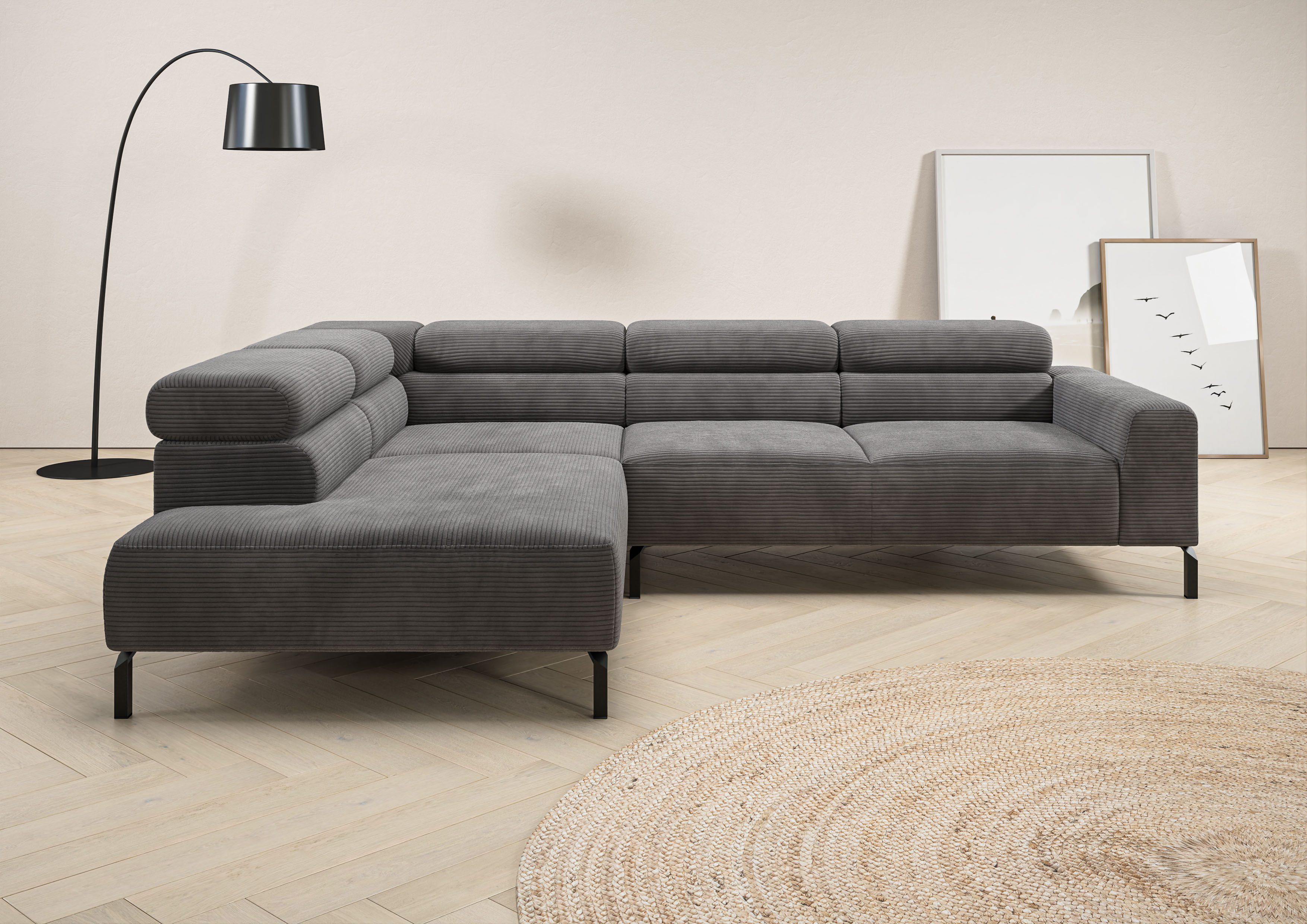 Home affaire Ecksofa Antonelli, L-Form, inkl. Kopfteilverstellung, Breite 276 cm, bequem, mit elektrischer Sitztiefenverstellung, in Cord, dunkelgrau