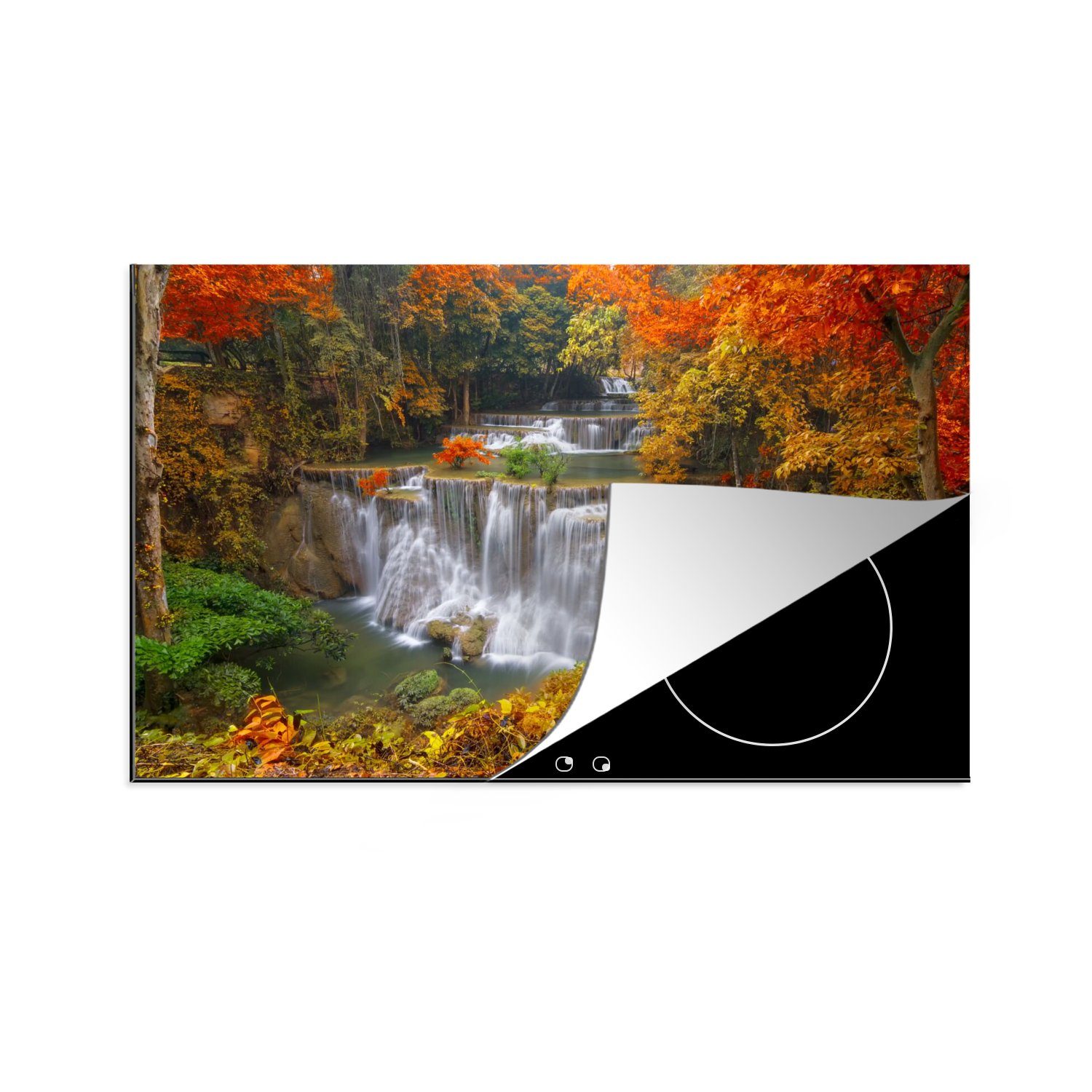 MuchoWow Herdblende-/Abdeckplatte Bäume - Wasserfall - Herbst, Vinyl, (1 tlg), 80x52 cm, Induktionskochfeld Schutz für die küche, Ceranfeldabdeckung