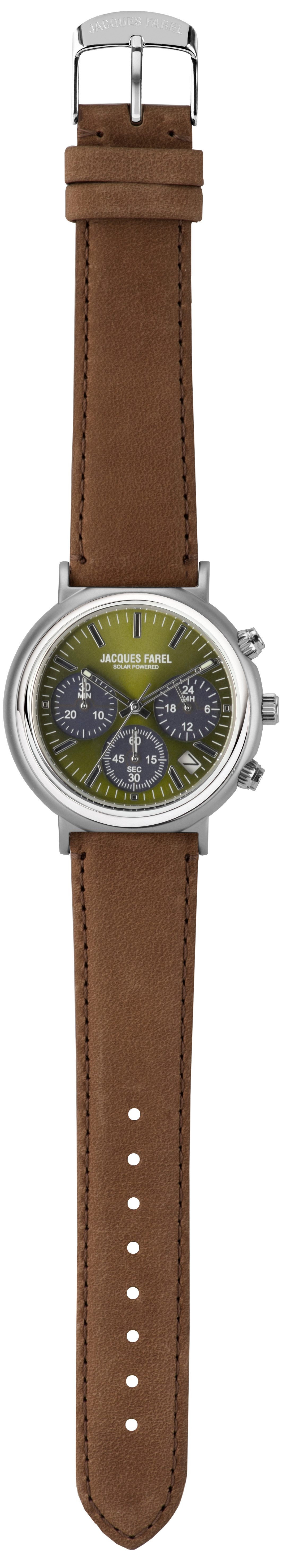 Jacques Farel Solaruhr ORST3004 nachhaltige Herren Damen Armbanduhr Recycling-Stahlgehäuse Lederband 5 bar, Analog Braun Grün Multifunktion Chrono Datum 24h Ø41 mm
