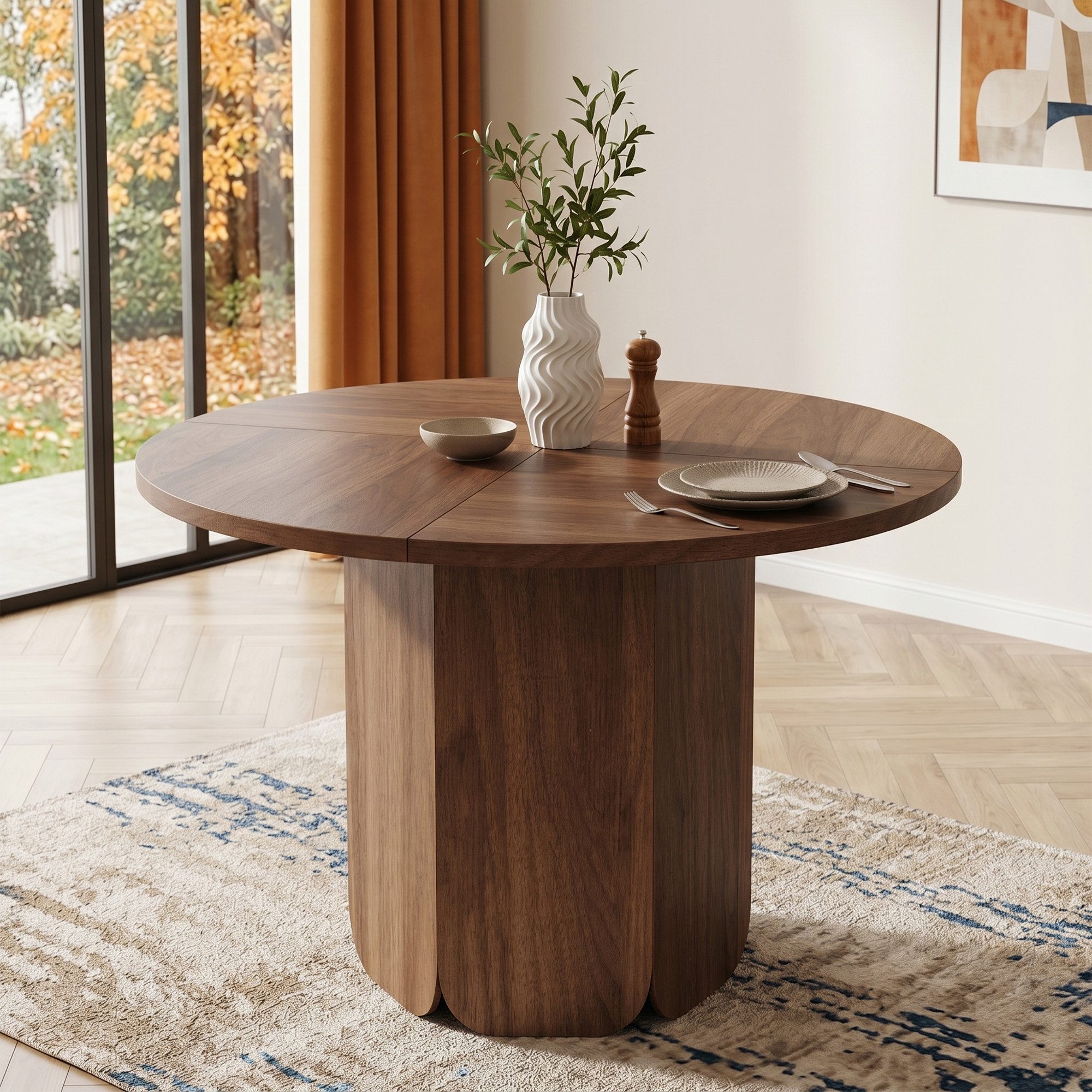KLAM HOME Esstisch Runder Esstisch 120cm Walnussoptik skandinavisch für 4–6 Personen (Stabiler MDF Rundtisch kratzfest ohne Stühle bis 60kg belastbar), Minimalistischer Esszimmertisch mit warmer Holzmaserung