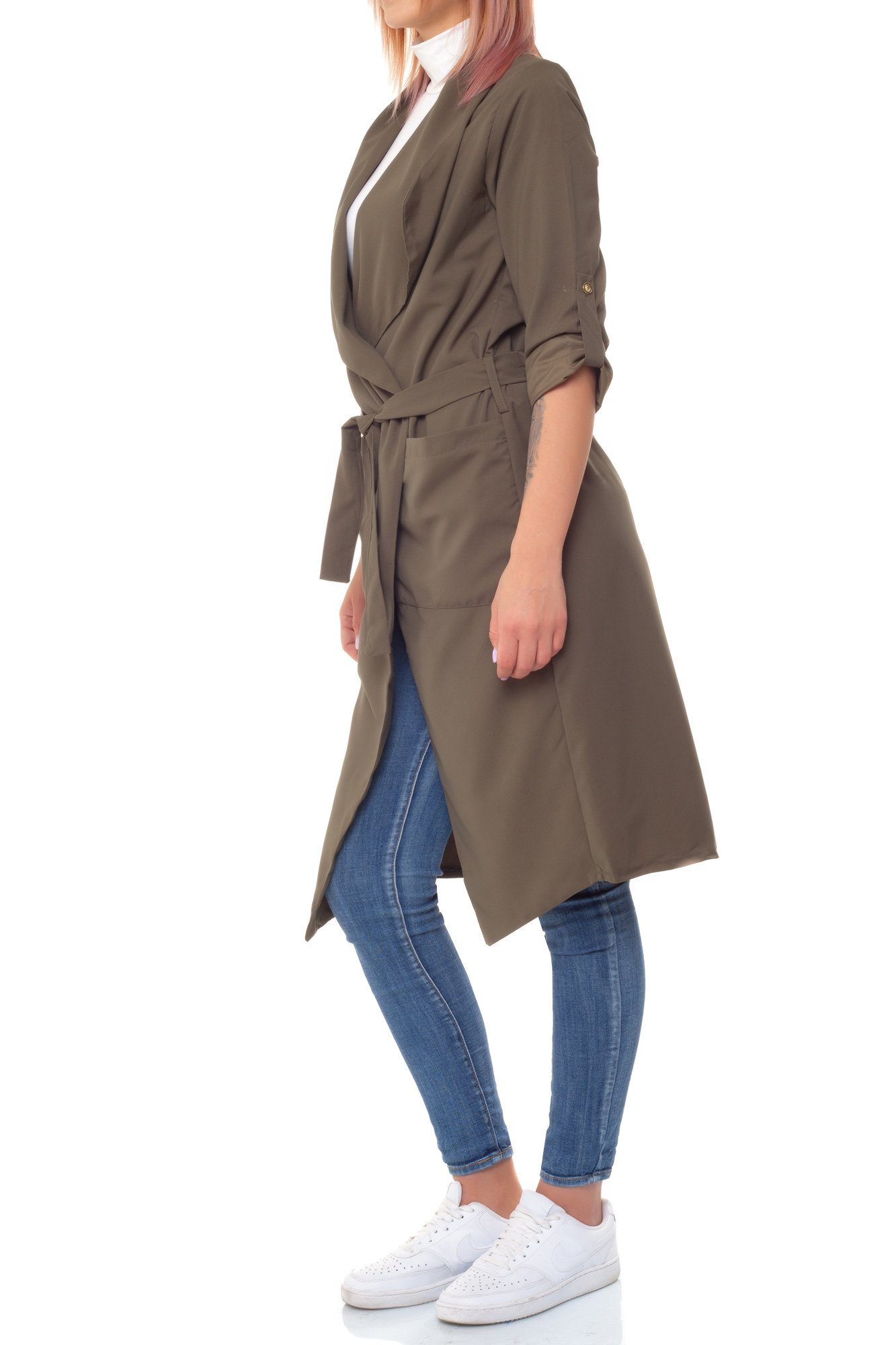 Wickeljacke Bindegürtel lang Wasserfallkragen Damen mit Bongual khaki Sommerjacke Long-Cardigan