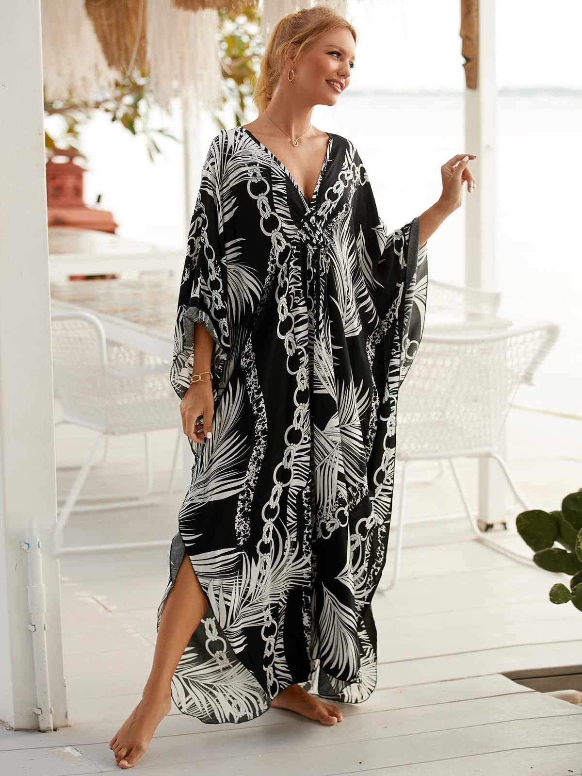 MOPUEA Strandkleid Damen Strandkaftan Boho Strandkleid Sommer Oversize Bikini Cover Up (Strandkaftan Damen Sommerkleid Bikini Cover Up, Luftiger Kaftan mit V Au – Bild 5 von 5