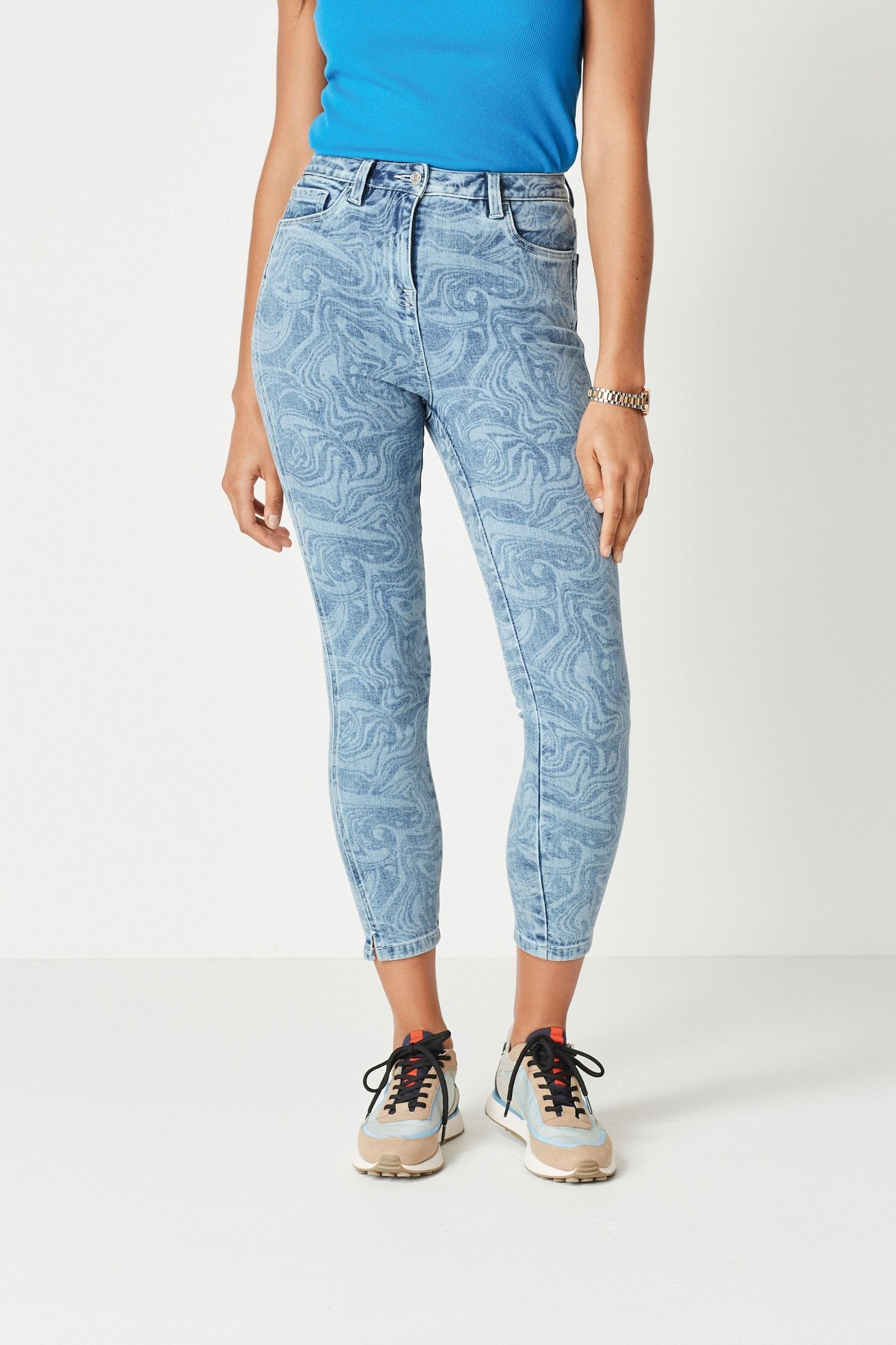 Next Caprijeans Cropped Skinny-Jeans Marble (1-tlg) Mid Print Blue