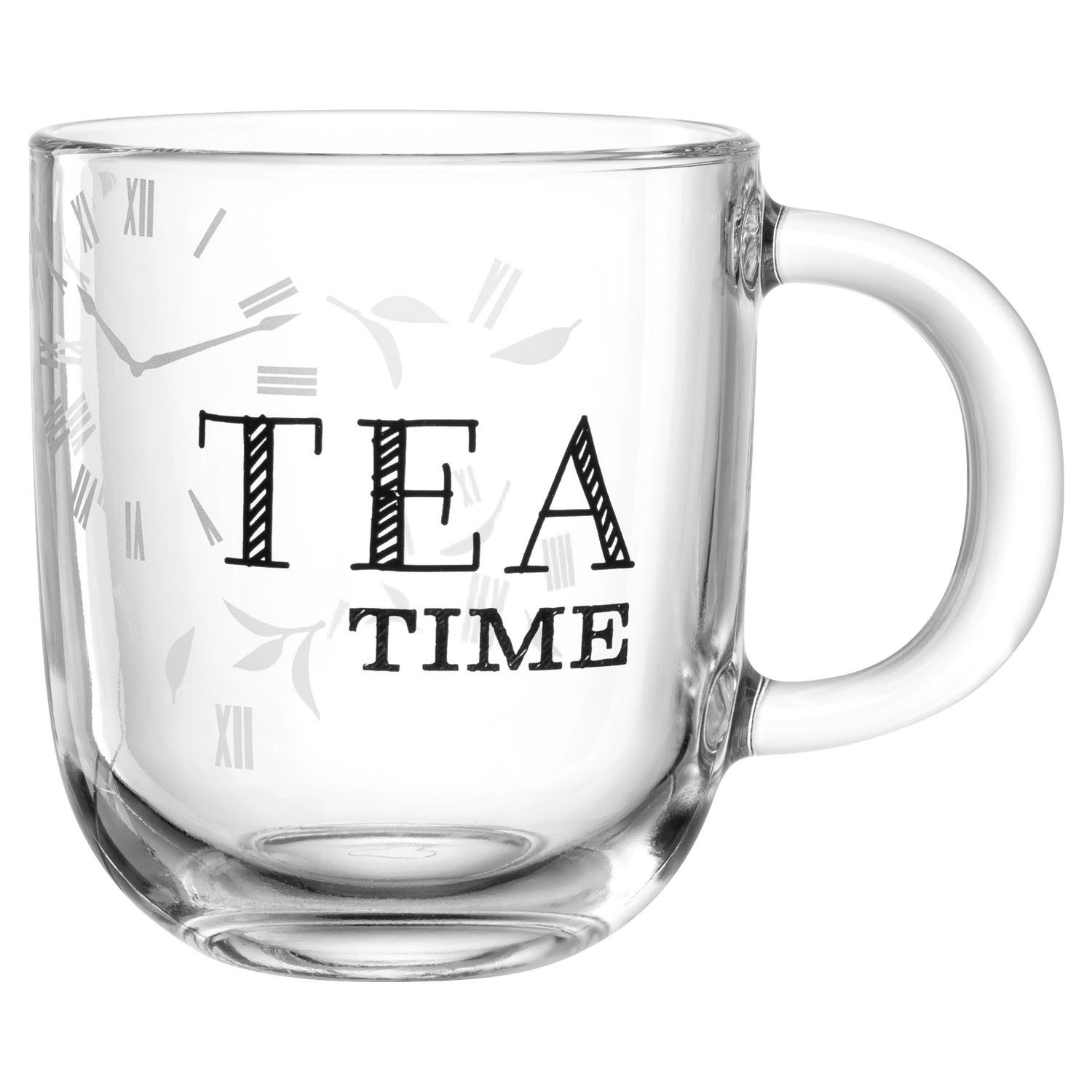 LEONARDO Tasse UFFICIO, 400 ml, Transparent, Schwarz, Glas, mit Schriftzug Tea Time, Spülmaschinengeeignet
