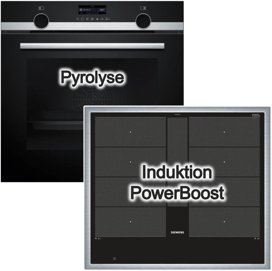 SIEMENS Flex-Induktions-Herd-Set und iQ700 Induktionskochfeld Set Pyrolyse 60 cm Edelstahl Schwarz, mit Nachrüstbar, Pyrolyse-Selbstreinigung Hydrolyse