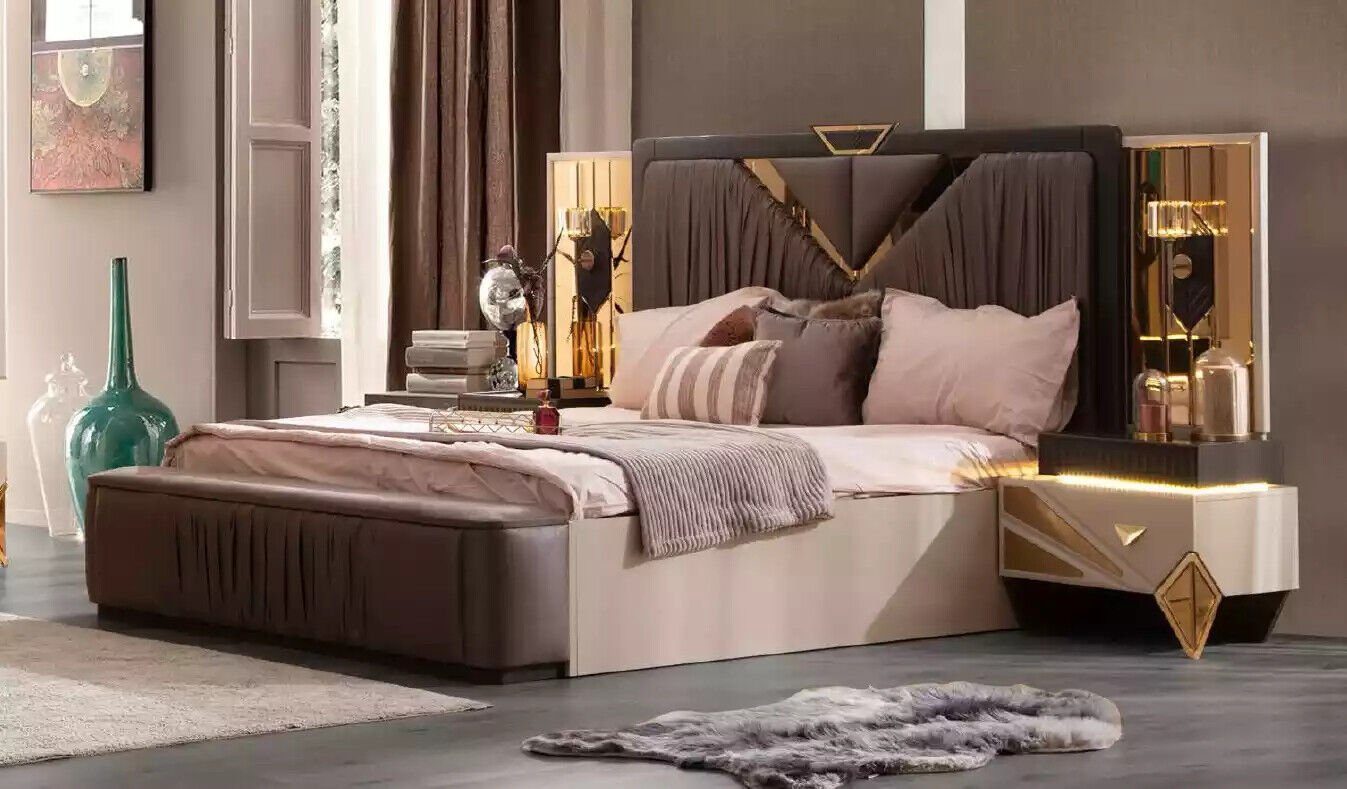 JVmoebel Schlafzimmer-Set Garnitur Doppelbett Europa Set (5-St., Beige Luxus, Bett Made Schlafzimmerbett in Bett/Bank/2x Nachttische/Kleiderschrank), Stoff
