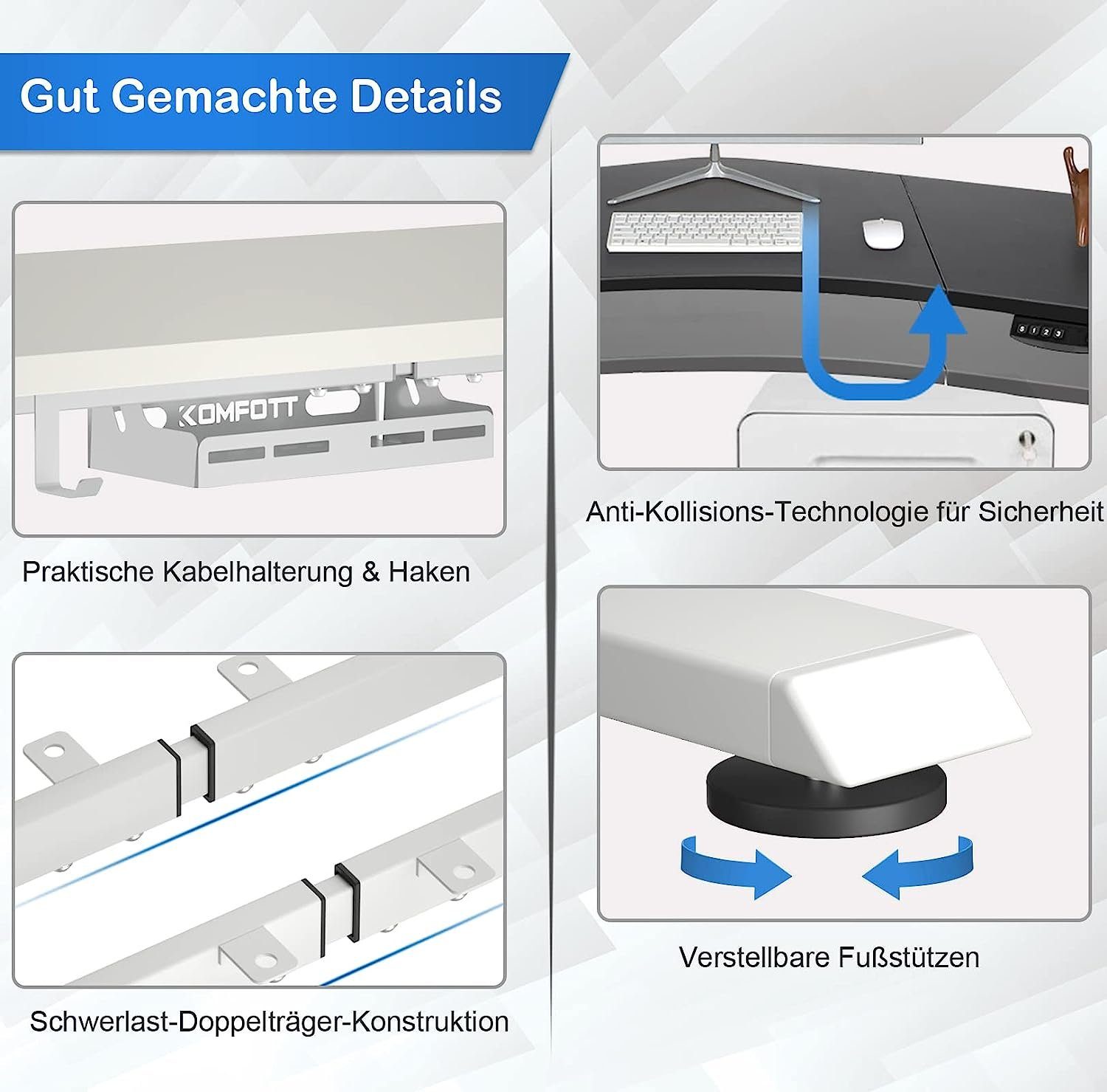 4 KOMFOTTEU Tischgestell 2 weiß Motoren& elektrischer Memory-Steuerung höhenverstellbar, Stehpultgestell,