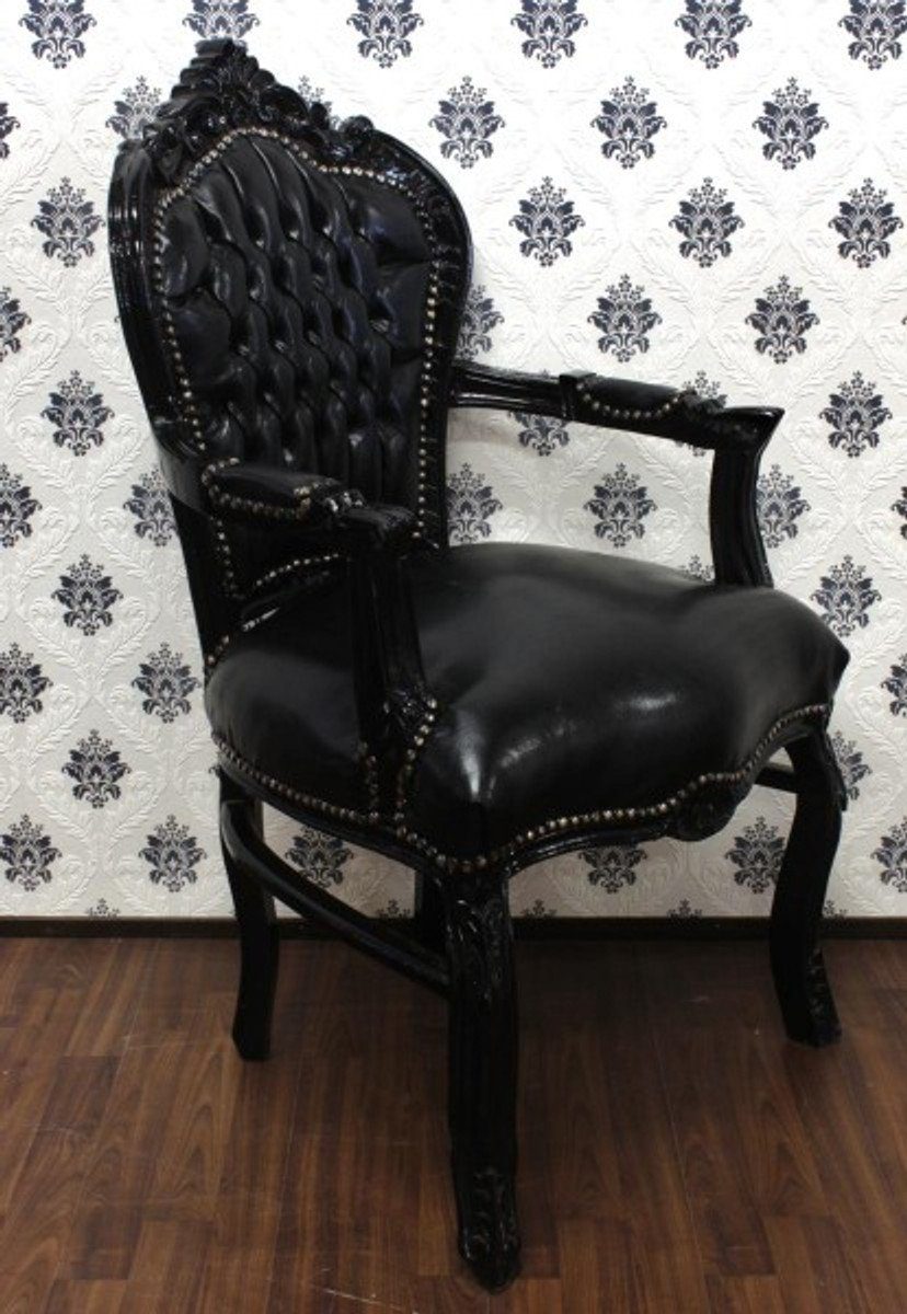 Casa Padrino Esszimmerstuhl Barock Esszimmer Stuhl mit Armlehnen Schwarz Lederoptik / Schwarz - Möbel | Stühle