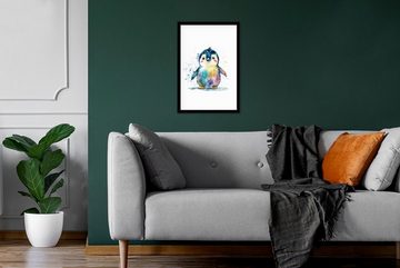 MuchoWow Poster Pinguin - Regenbogen - Aquarell - Tiere - Kinder, (1 St), Gerahmtes Poster, Wanddeko, Bilder, Wandposter, Schwarzem Bilderrahmen