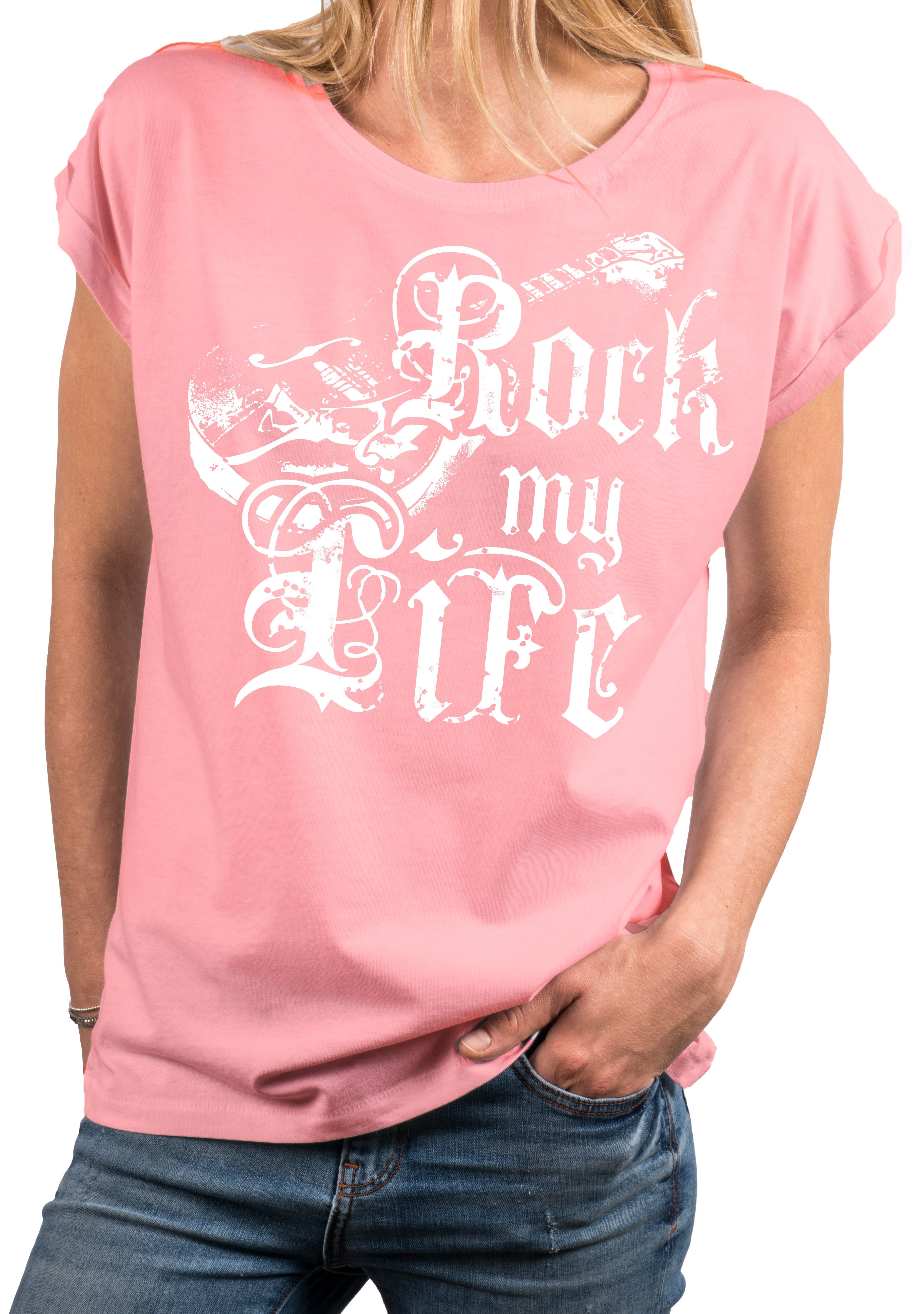 blau) (Rock Oberteile Motiv, schwarz, Damen MAKAYA Band lässige Ausgefallene Gitarrenmotiv T-Shirts Top Print-Shirt Größen rosa, Baumwolle, große grau, Tunika